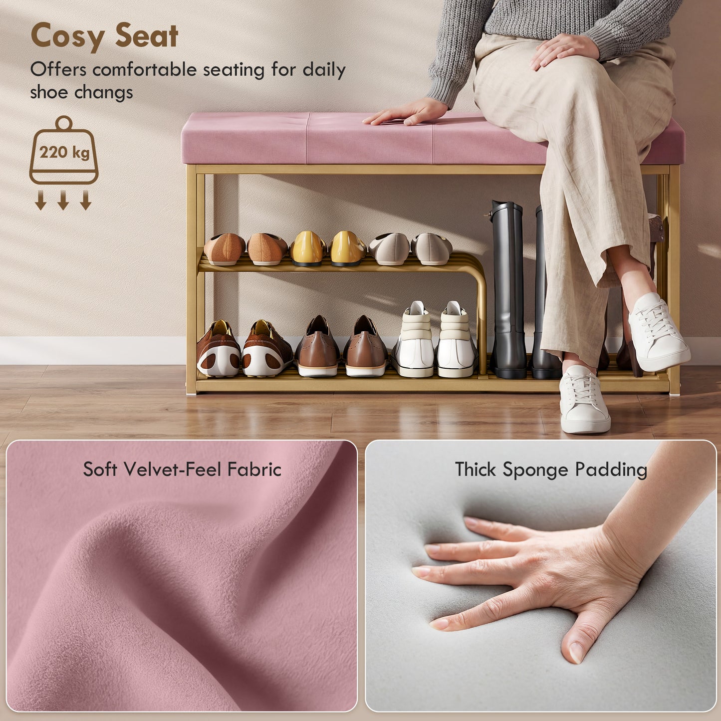HOMCOM Tufted Shoe Storage Bench With Velvet Seat Pink And Gold Steel Frame For Entryway Holds Eight Pairs