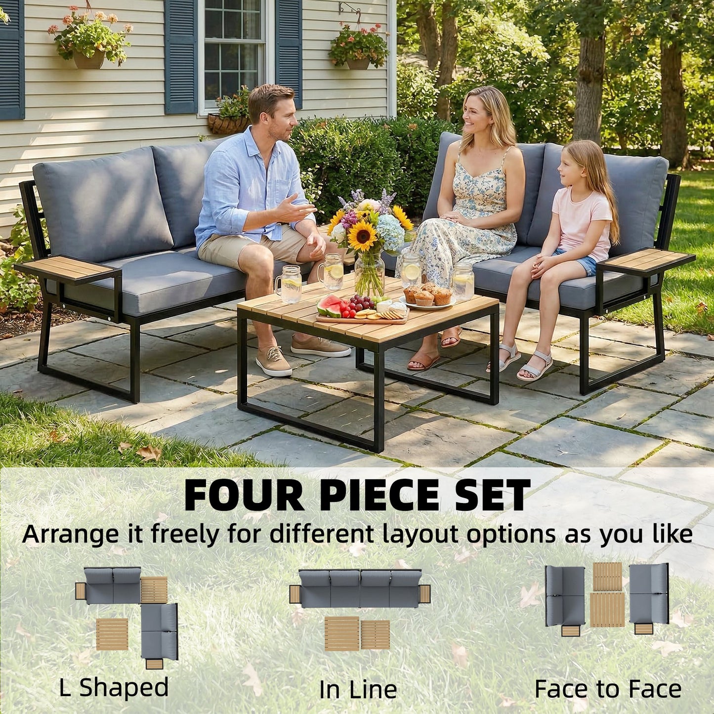 Outsunny 4 Seater Metal Garden Furniture Set With Corner Sofa, Two Loveseats, Two Nesting Tables And Teak Finish