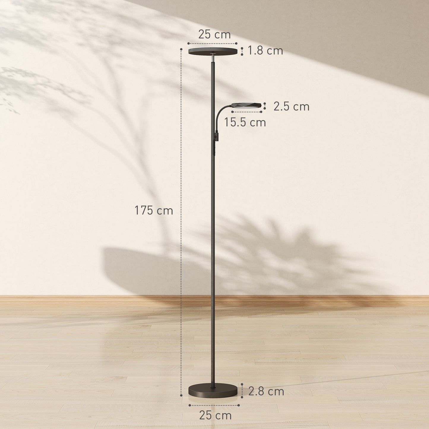 HOMCOM LED Floor Lamp Stepless Dimmable Uplighter With Reading Light 2700K To 6500K Color Temperature And Remote Control