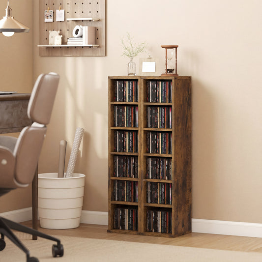 HOMCOM Set Of 2 CD Media Display Shelves Tower Rack With Adjustable Shelves Rustic Brown