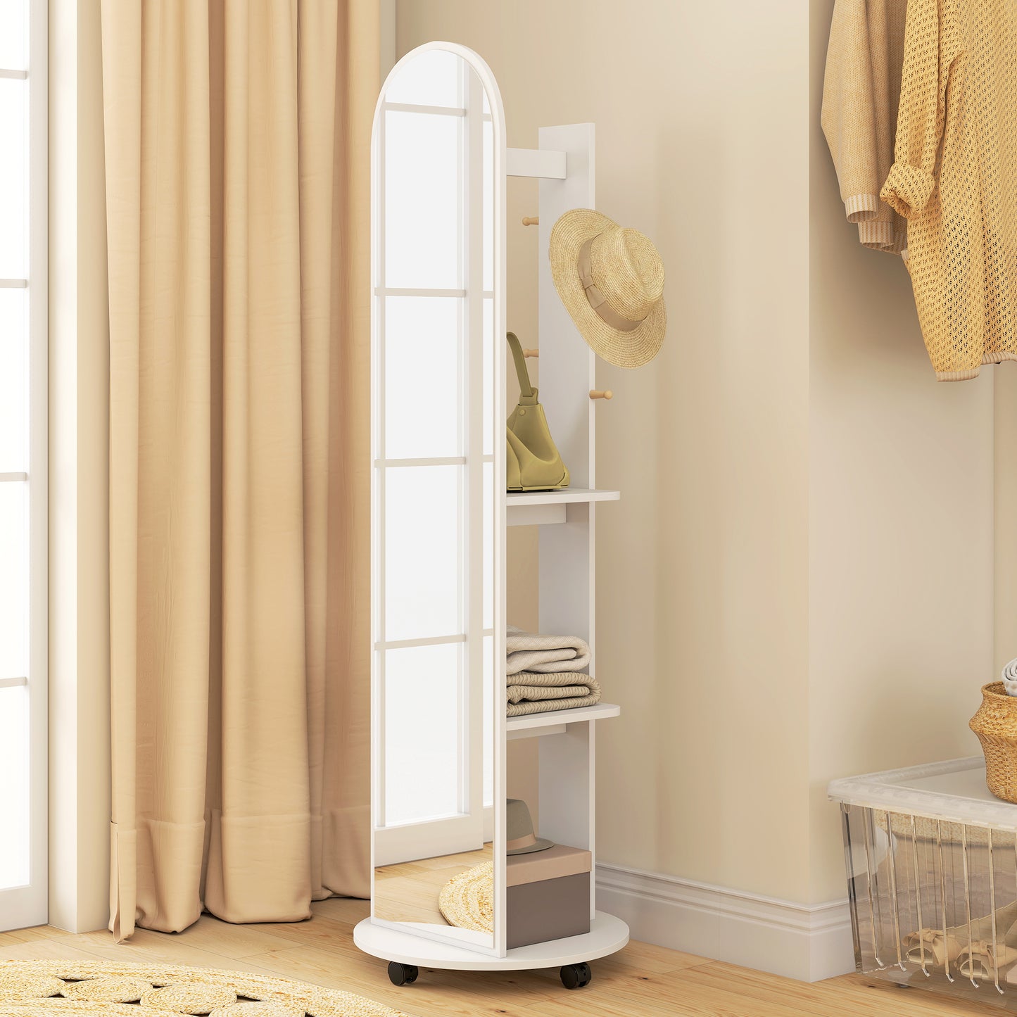 HOMCOM 2 In 1 Full Length Mirror With Hidden Storage Shelves Coat Rack And Hooks White Floor Mirror With Wheels