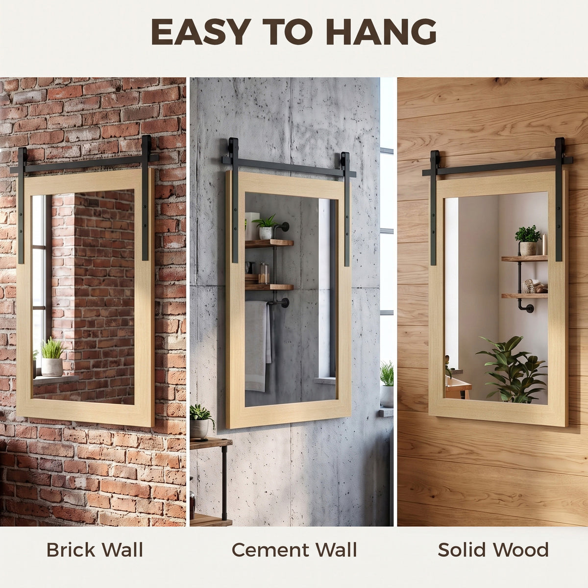 Rectangular wall mirror with light wood frame and black hanging brackets on different walls