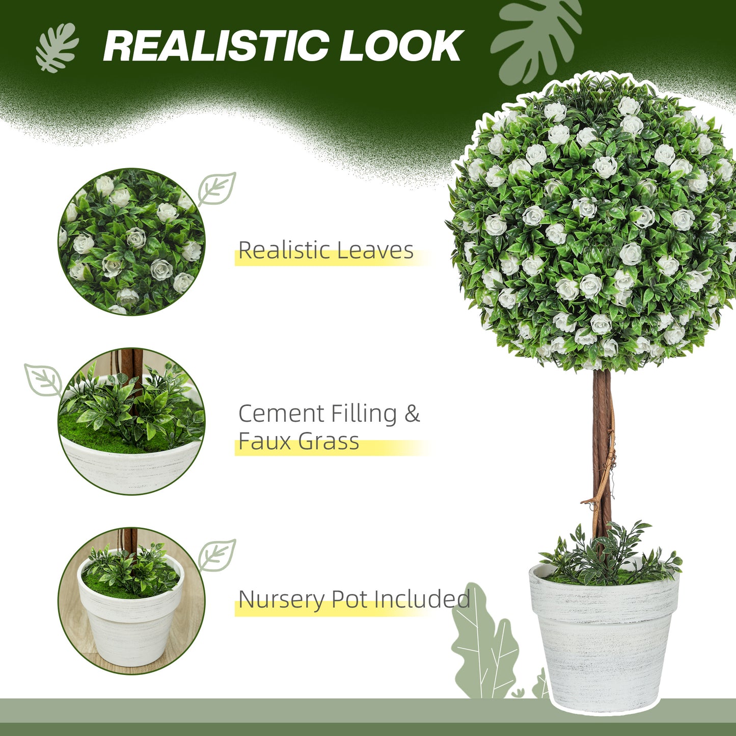 HOMCOM Set Of 2 Decorative Artificial Plants Ball Topiary Tree With Rose Flowers In Pot 60cm White UV Resistant