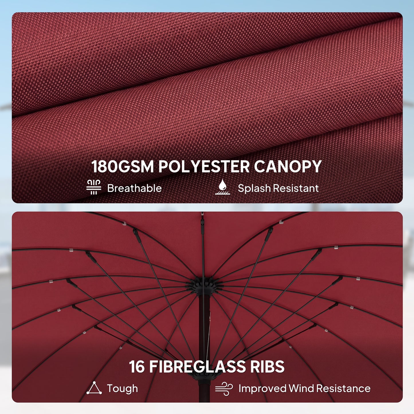 Outsunny 2 m Shanghai Garden Parasol Umbrella With 16 Fibreglass Ribs Crank Tilt Wine Red
