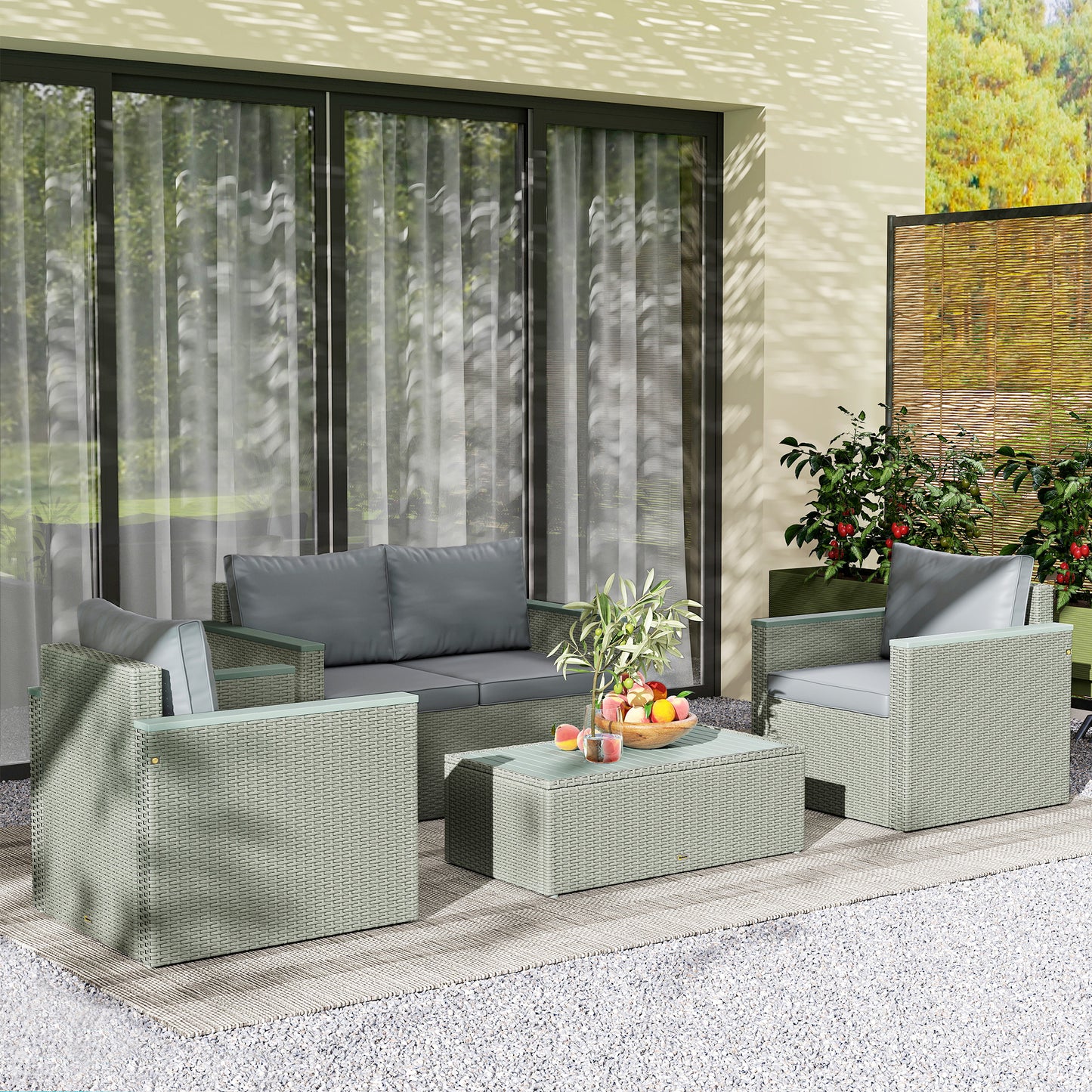 Outsunny Four Piece Rattan Sofa Set With Wood Top Table Outdoor Patio Garden Seating For Four