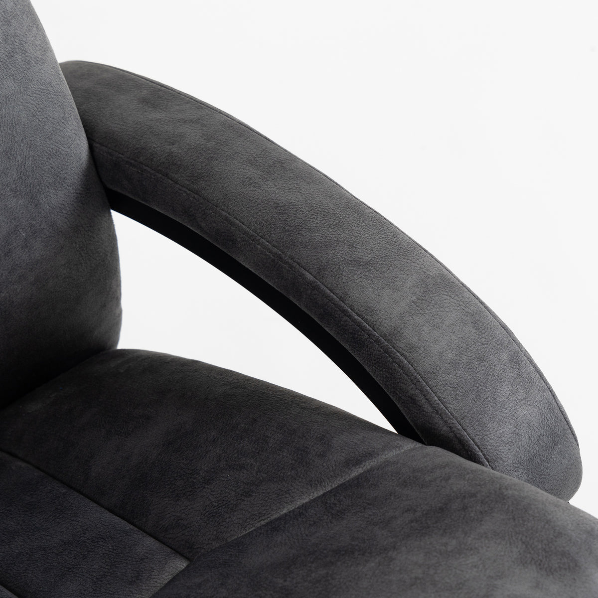 Gray velvet recliner backrest and armrest, smooth padded upholstery