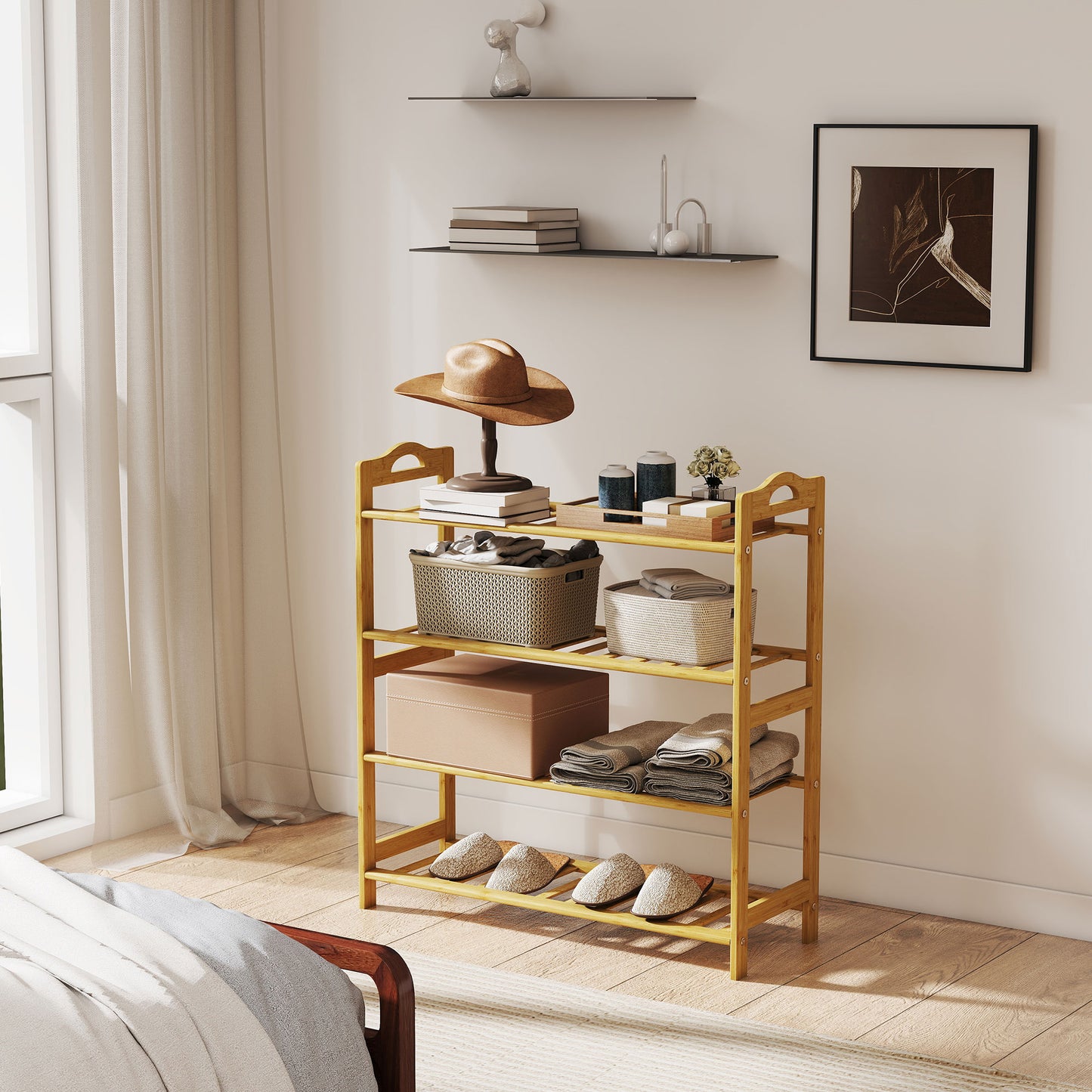 HOMCOM Freestanding Bamboo Shoe Rack 4 Tier Shoe Shelf Stand For Hallway Living Room Bedroom Natural Wood Finish