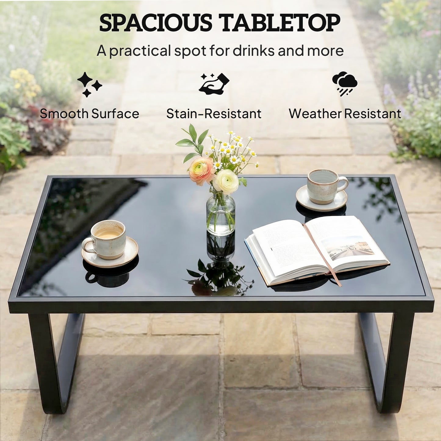 Outsunny Outdoor Garden Coffee Table With Rectangular Metal Frame Tempered Glass Top And Adjustable Foot Pads