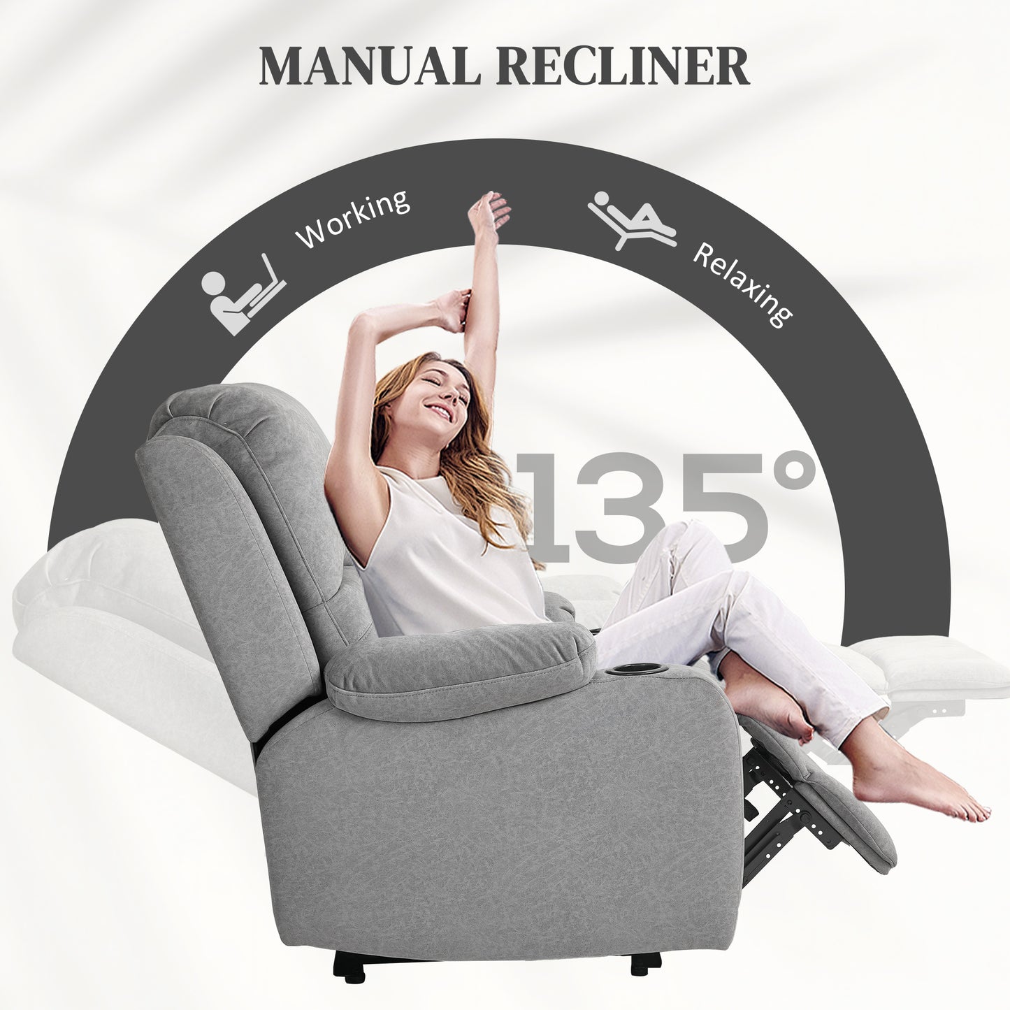HOMCOM Microfibre Manual Reclining Armchair With Footrest Grey Cup Holder Armrests