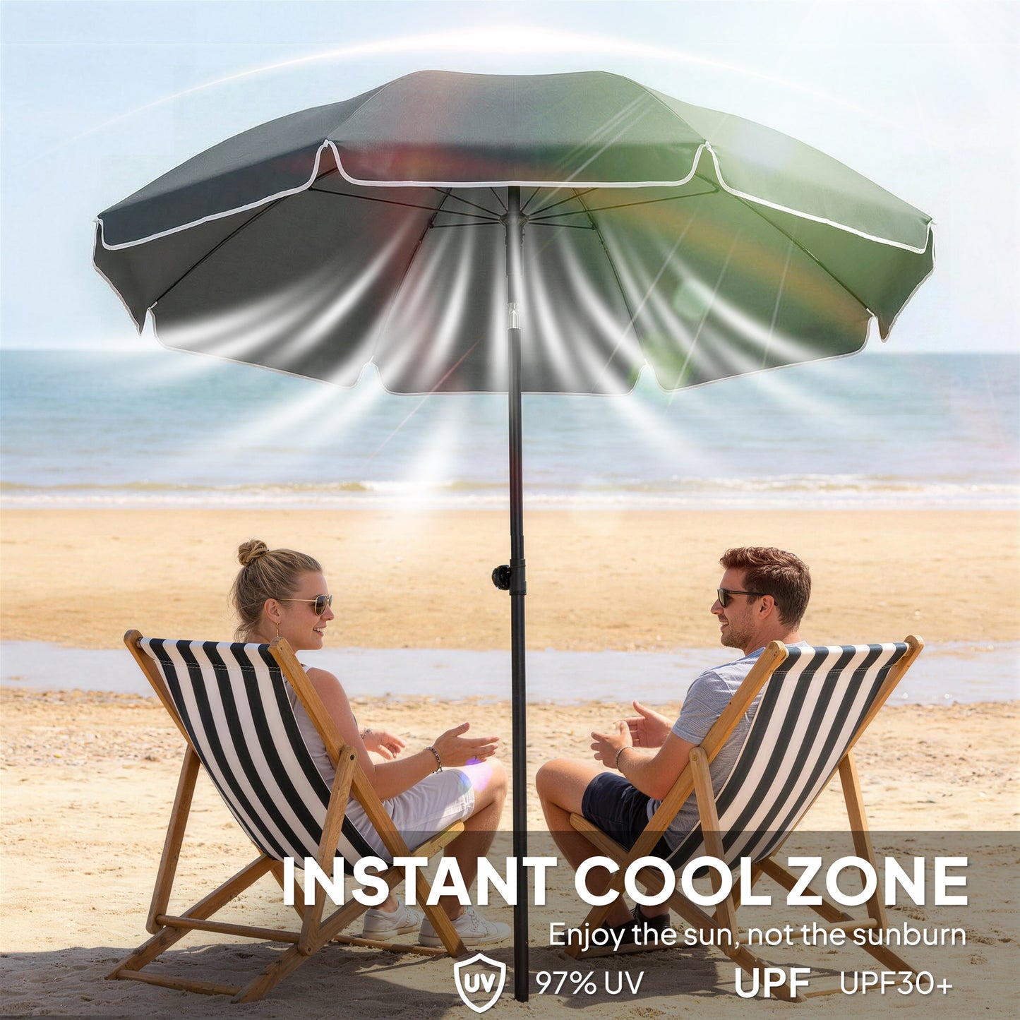 Outsunny 1.8m Beach Umbrella Parasol With Sand Anchor 30 Degree Tilt Adjustable Height Dark Grey