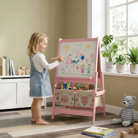 AIYAPLAY Three In One Kids Easel With Paper Roll And Storage Pink Educational Art Station