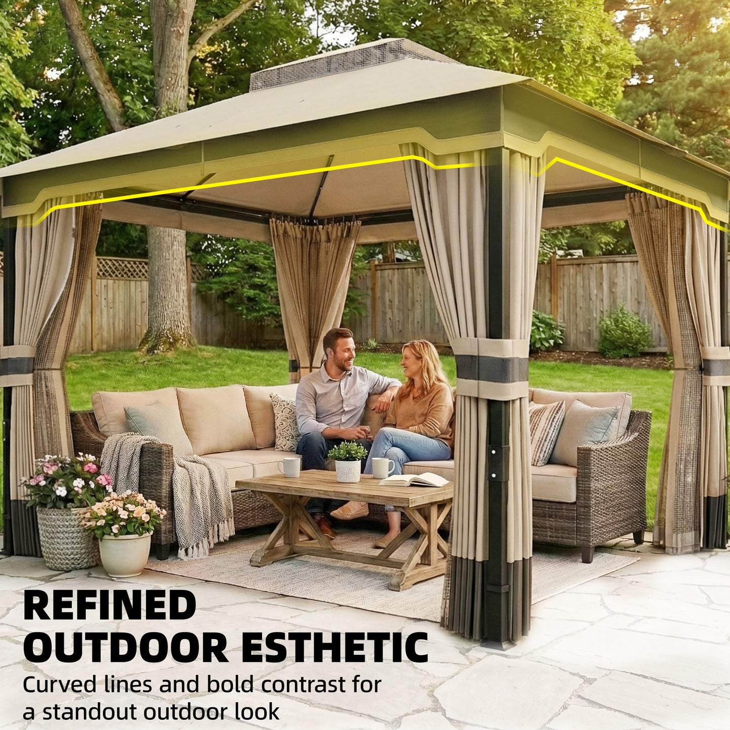 Outsunny 3 by 3.6 m Outdoor Garden Gazebo with Netting and Curtains Permanent Pavilion Two Tier Roof Khaki
