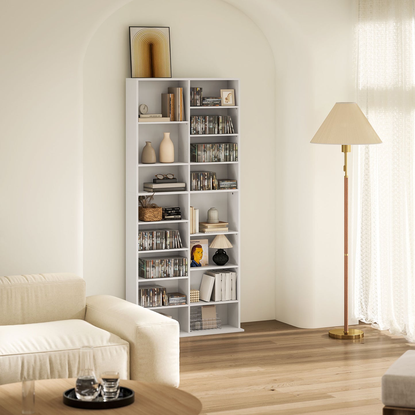 HOMCOM 640 CD Storage Tower White With 14 Adjustable Shelves And Anti Tip Design