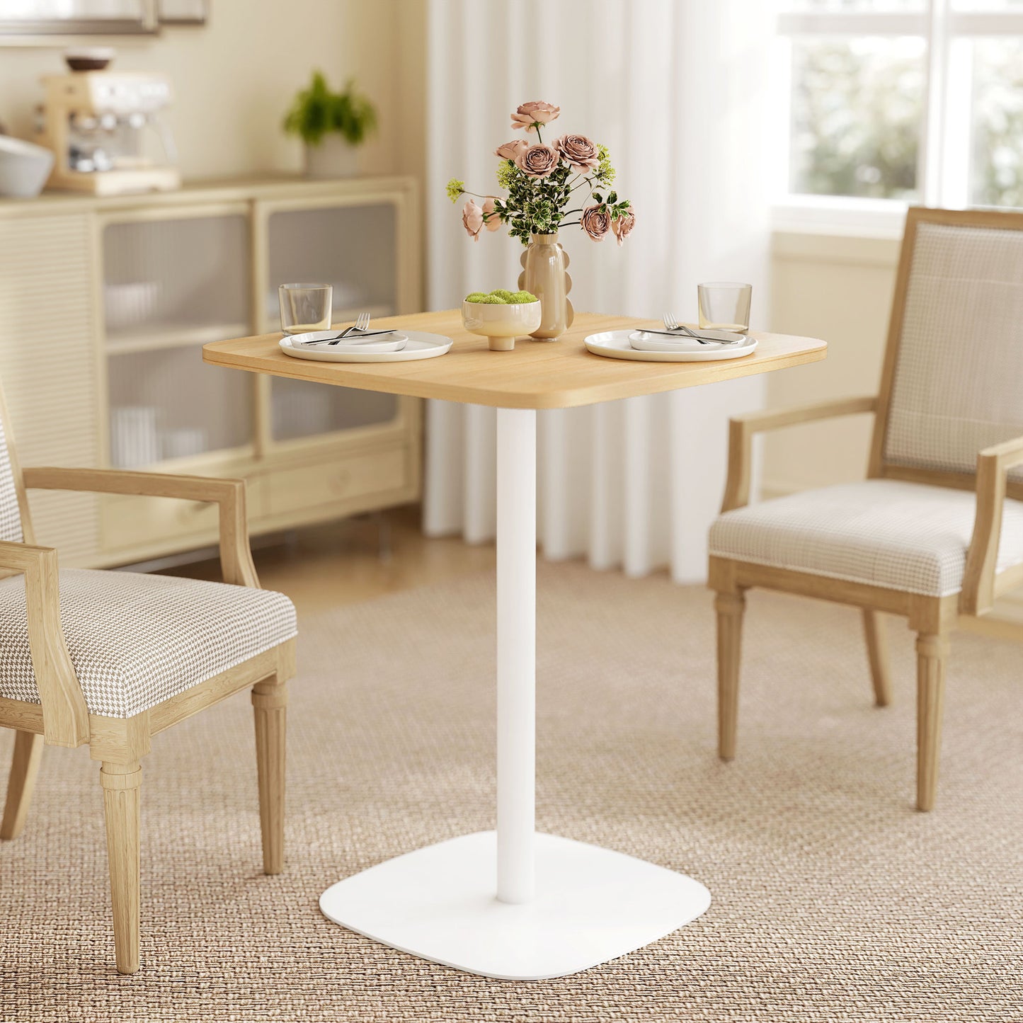 HOMCOM 60 Cm Square Dining Table With Wood Veneer Top And Steel Pedestal Base Natural Wood Finish