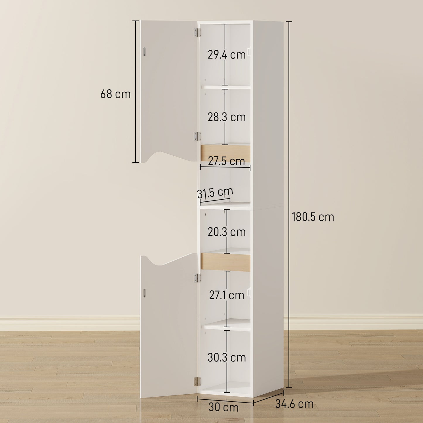 HOMCOM Tall Slim White Bathroom Cabinet With Two Doors And Adjustable Shelves For Bathroom Storage