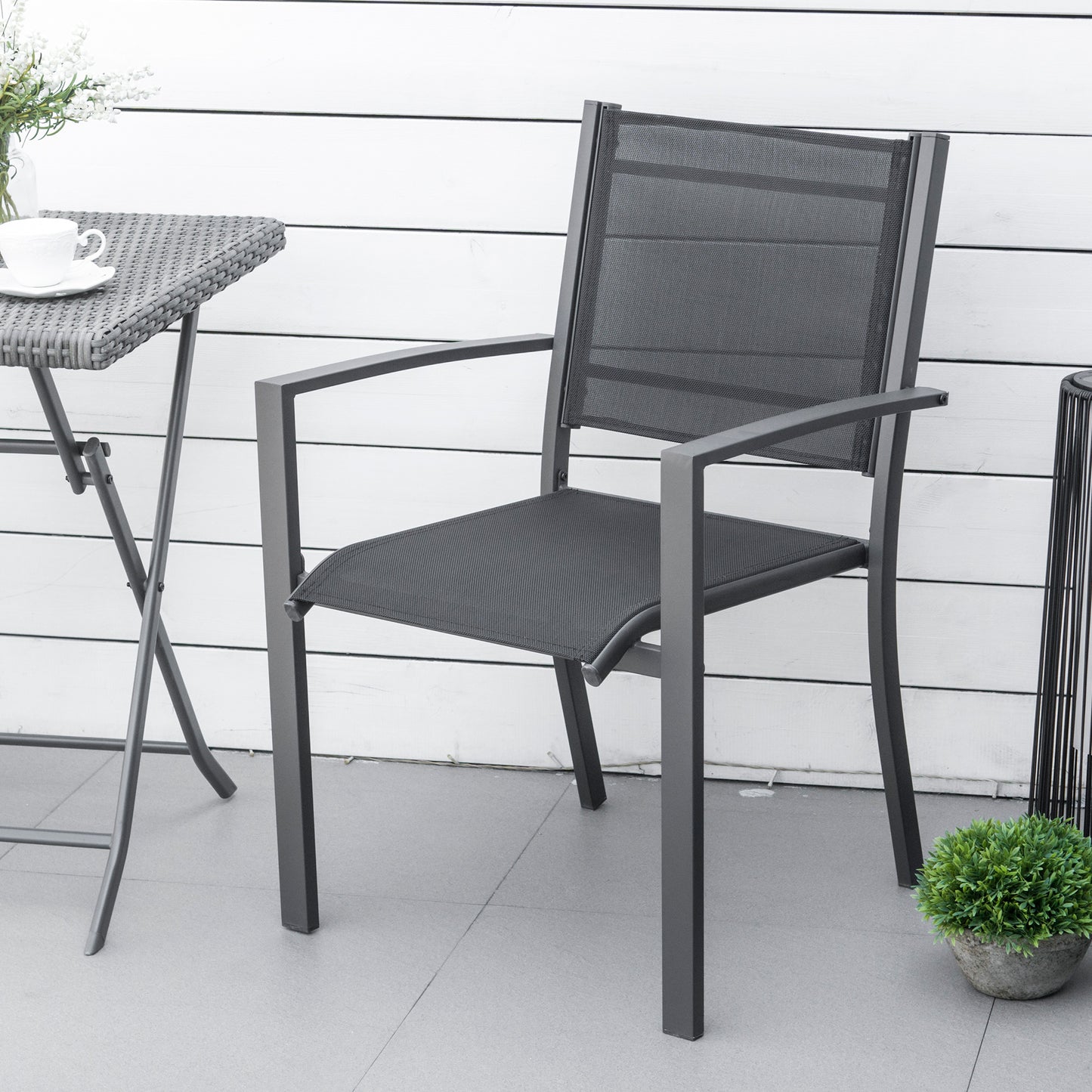 Outsunny Garden Chairs Set Of 2 Outdoor Chairs Steel Frame Texteline Seats Camping Fishing Patio Balcony Dark Grey Black - ALL4U RETAILER LTD