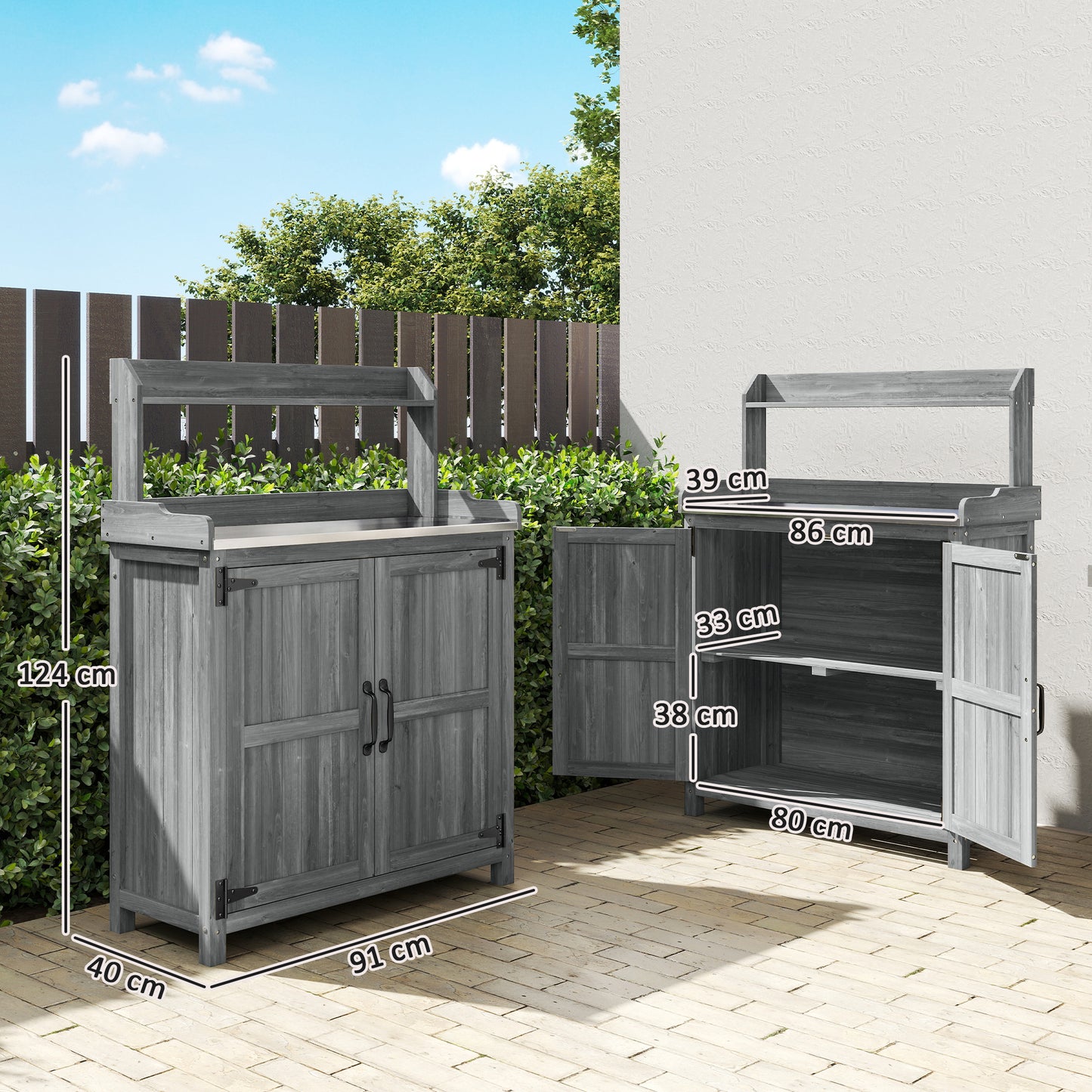 Outsunny Wooden Potting Bench Table With Aluminium Worktop Outdoor Garden Workbench Top Shelf And Cabinet Storage