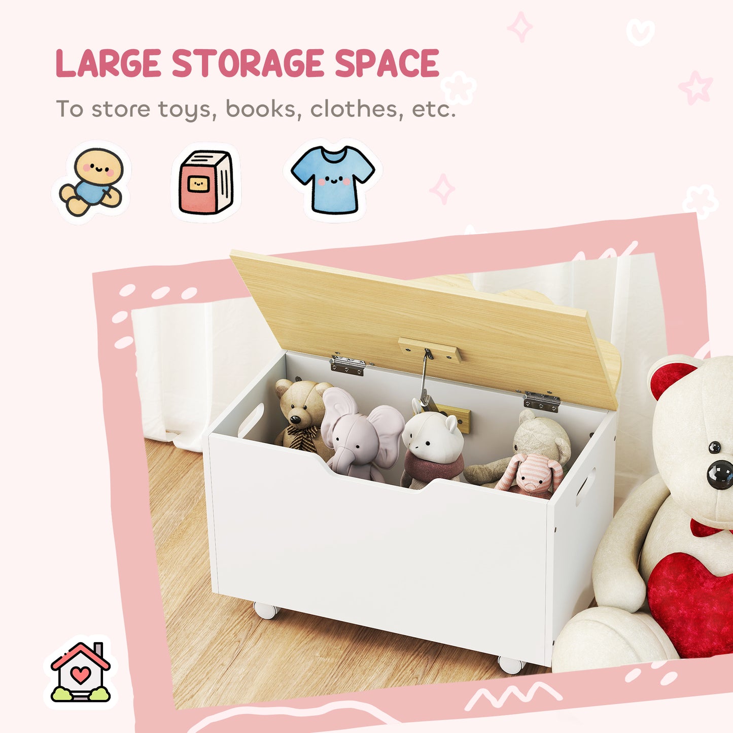 Aiyaplay Toy Box With Lid And Wheels Safety Hinges White Toddler Storage Organizer For Playroom And Bedroom