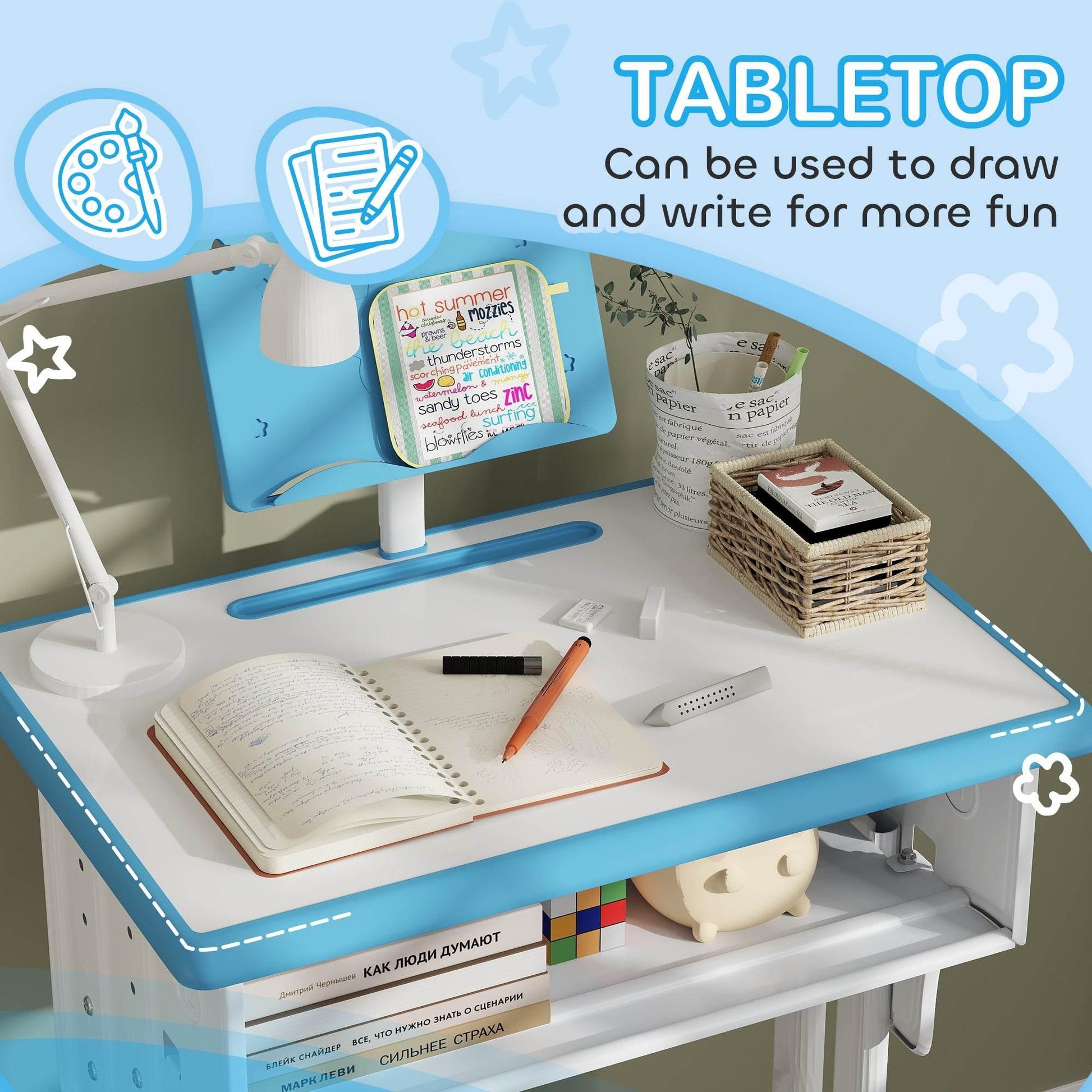 HOMCOM Blue Kids Study Desk and Chair Set with Storage, Adjustable Height and Book Stand - ALL4U RETAILER LTD