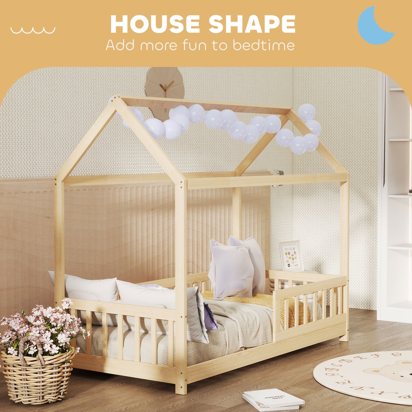 HOMCOM House Shaped Kids Bed Frame With Guard Rails Made From Solid Pine Wood Natural Finish Single Bed