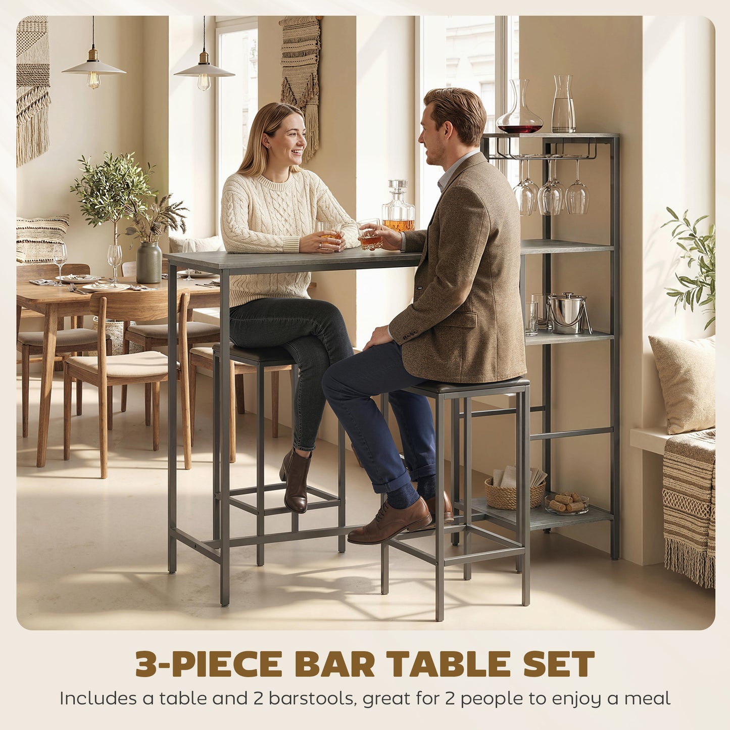 HOMCOM 3 Piece Breakfast Bar Table And Stools Set Washed Grey With 4 Tier Shelving And Wine Glass Racks