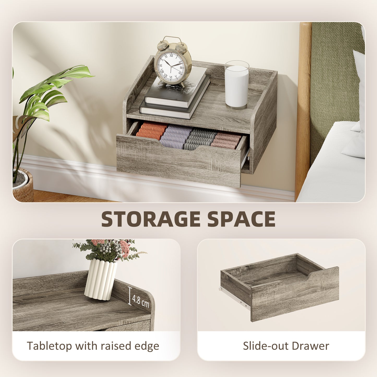 HOMCOM Floating Nightstands Set of 2 Wall Mounted Bedside Tables With Drawer Grey Wood Effect