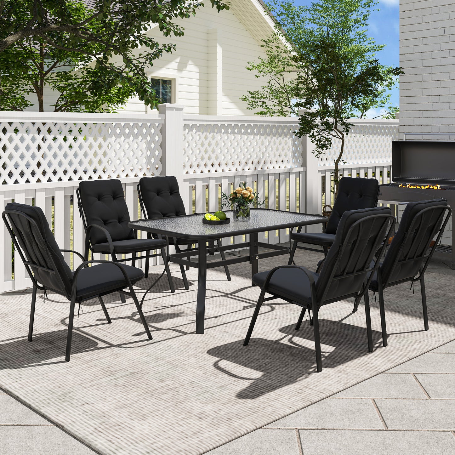 Outsunny Seven Piece Garden Dining Set With Cushions Black Steel Frame And Tempered Glass Table