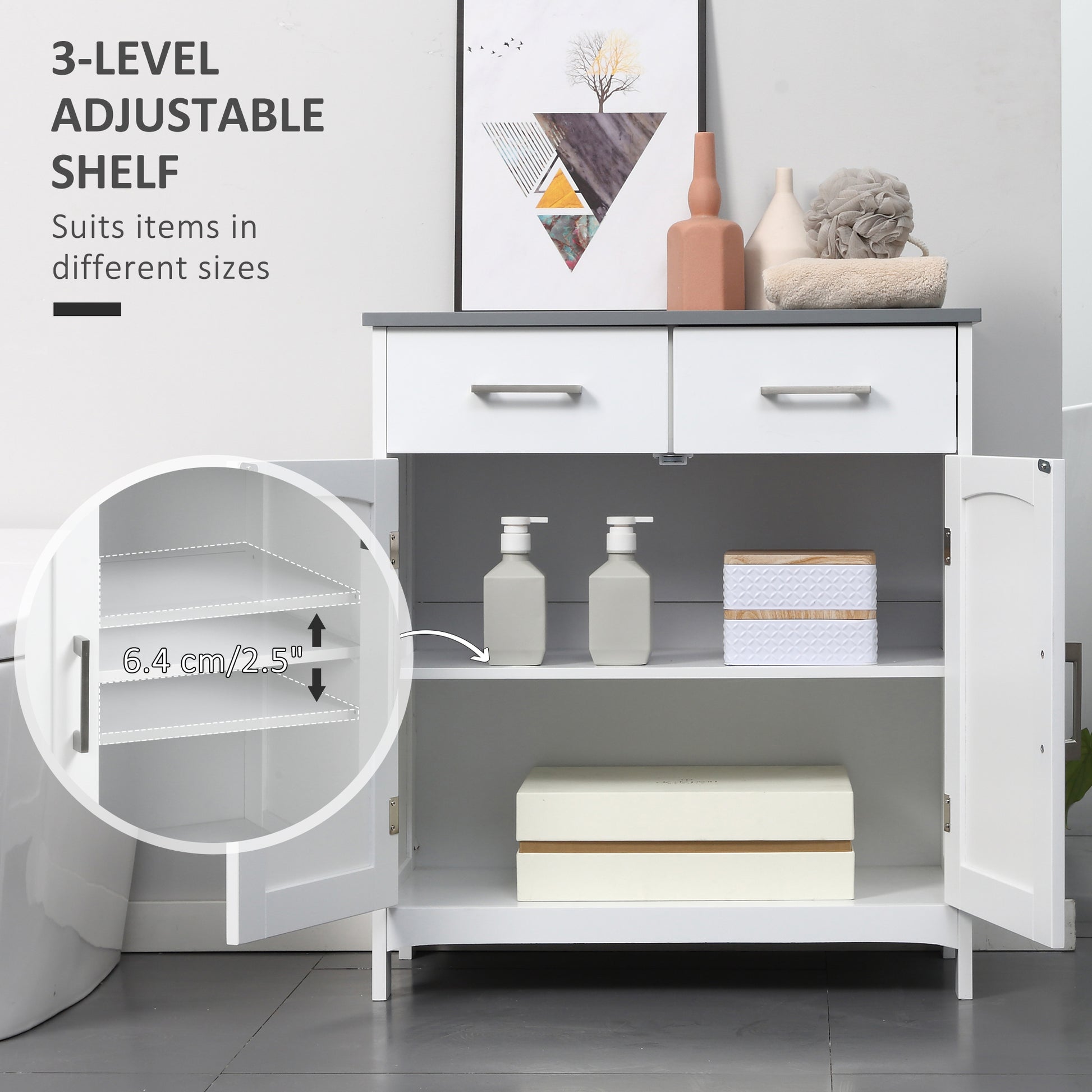 Kleankin Elegant White Freestanding Bathroom Storage Cabinet with Double Doors and Adjustable Shelf - ALL4U RETAILER LTD