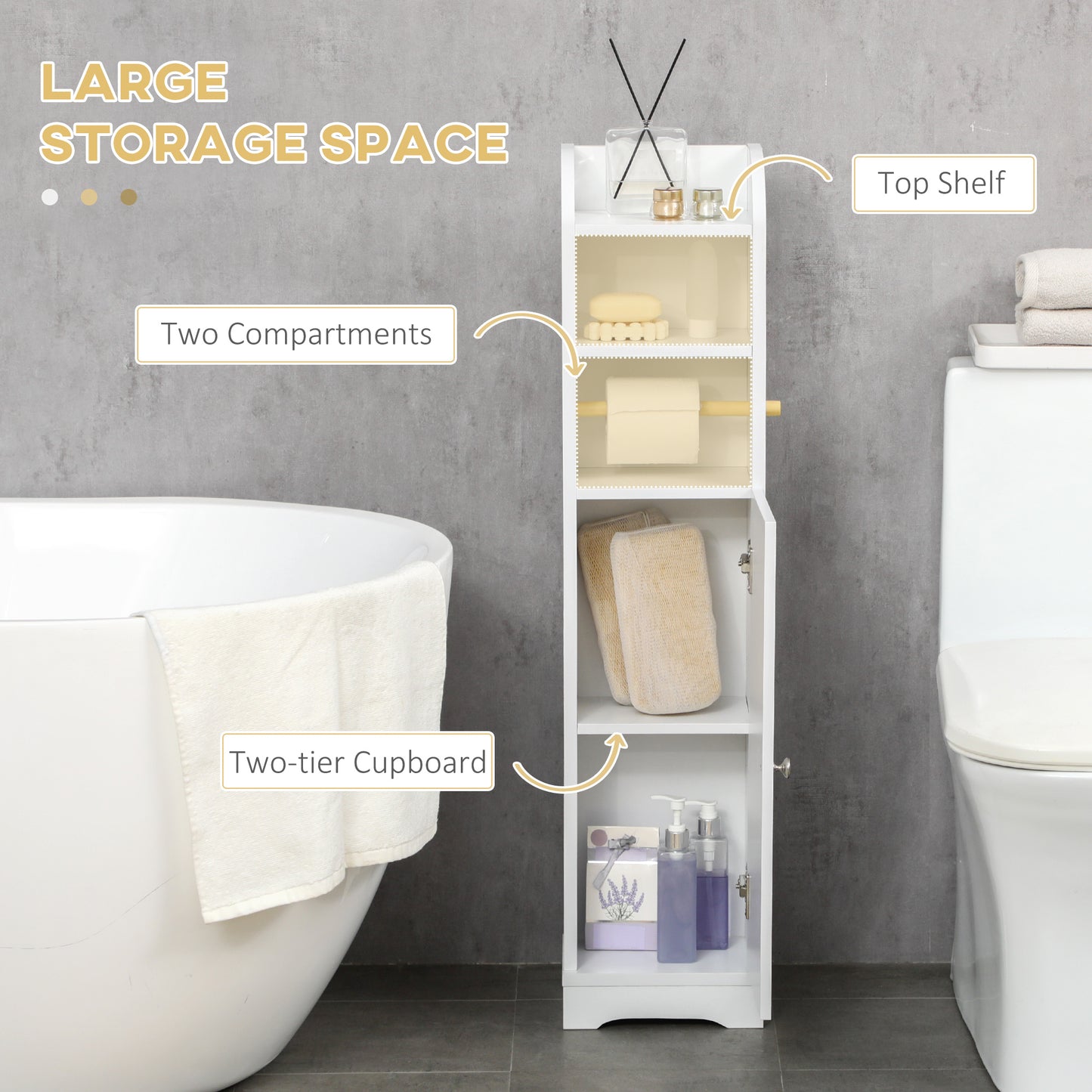 Kleankin Narrow Multi Storage Bathroom Cabinet White With Two Upper Shelves Toilet Roll Holder And Two Tier Cupboard
