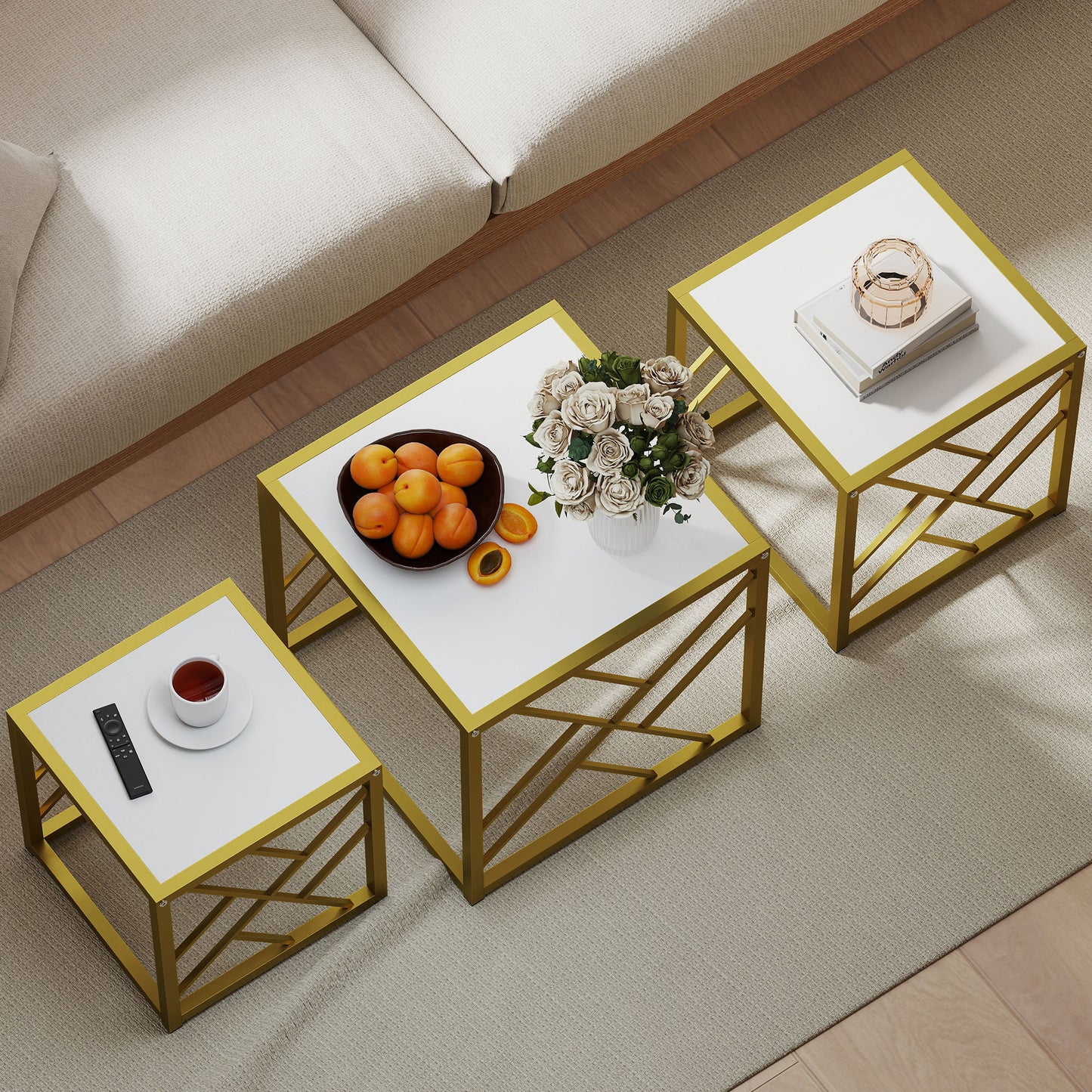 HOMCOM Nesting Coffee Tables Set of 3 Square Side Tables With Black Metal Frame White Finish For Living Room Office