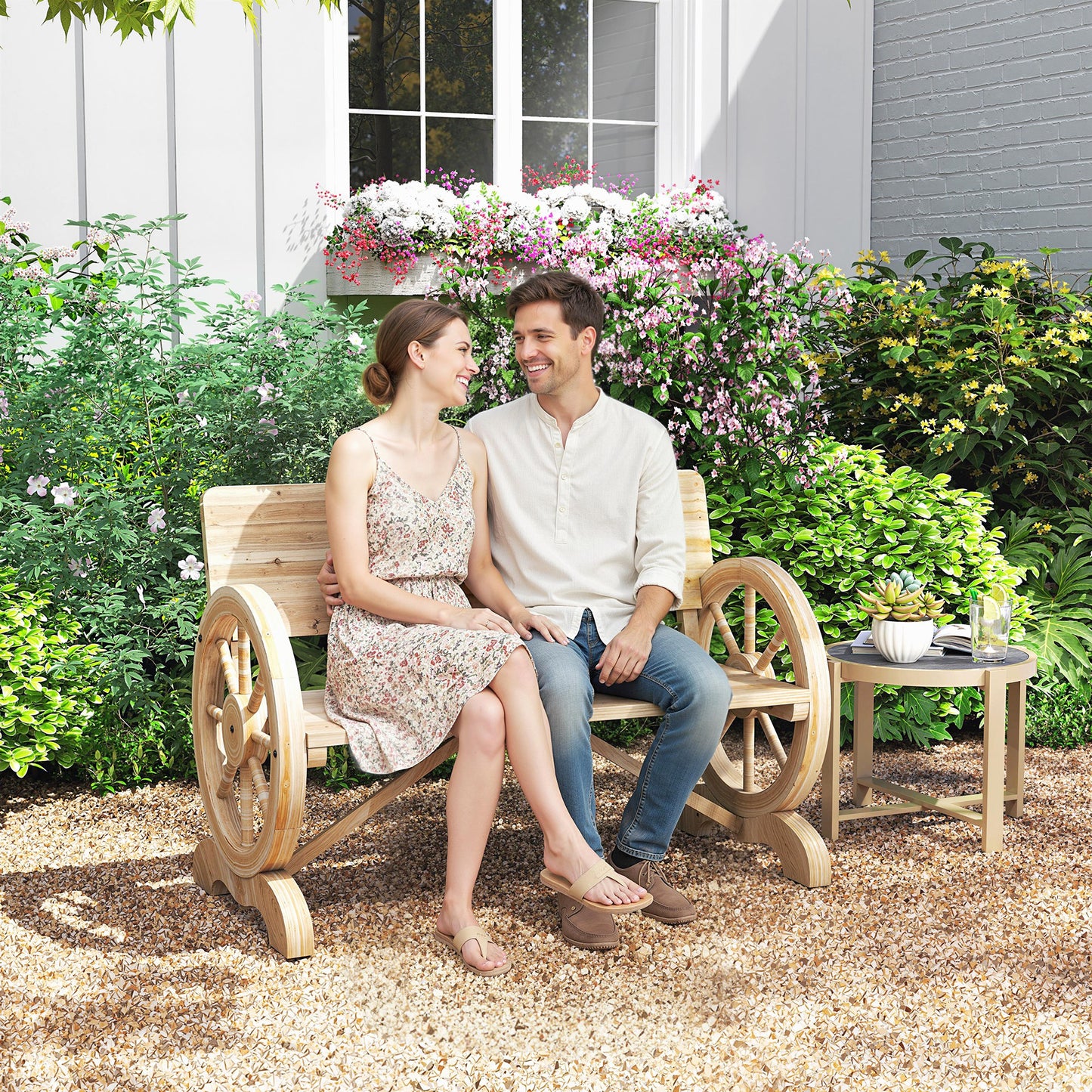 Outsunny Fir Wood Two Seater Wagon Wheel Bench For Outdoor Garden Patio Natural Finish Supports Up To 250 Kg