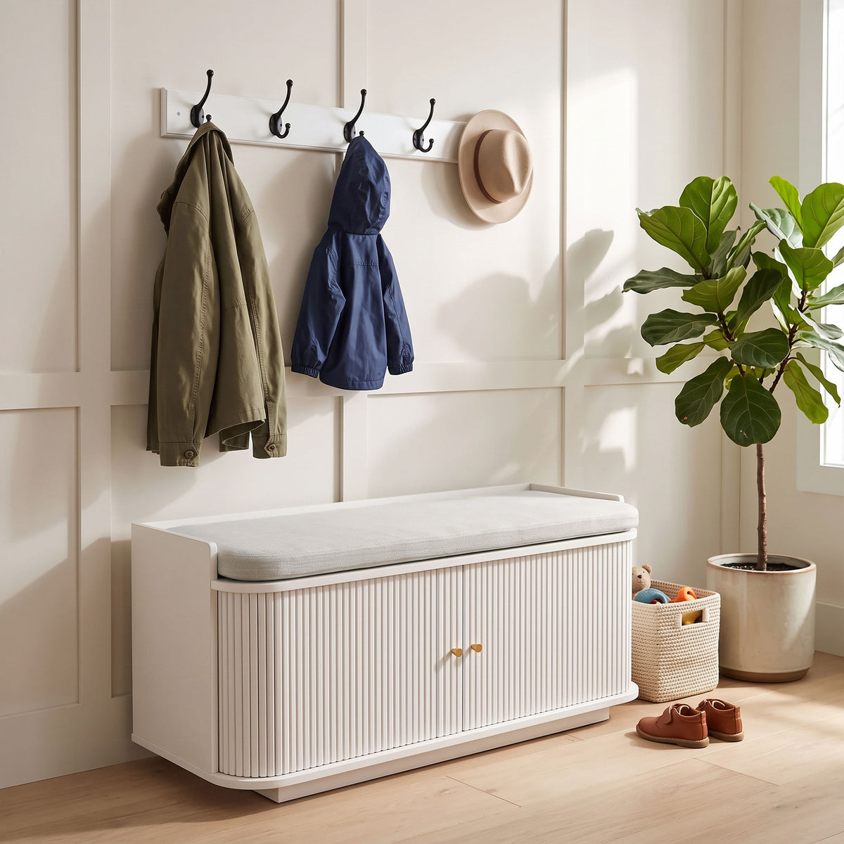 HOMCOM Hallway Storage Bench With Shoe Cabinet, Coat Rack And 5 Hooks White