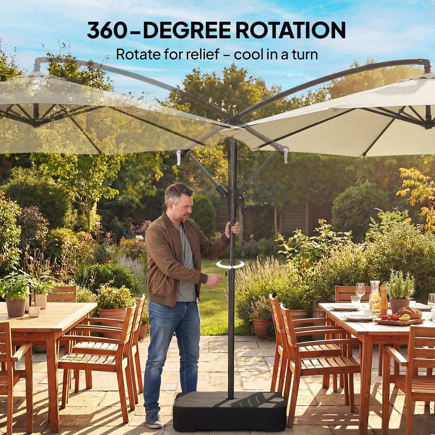 Outsunny 3 m Cantilever Garden Parasol With Cross Base Sandbag 360 Degree Rotation Overhanging Banana Umbrella Beige