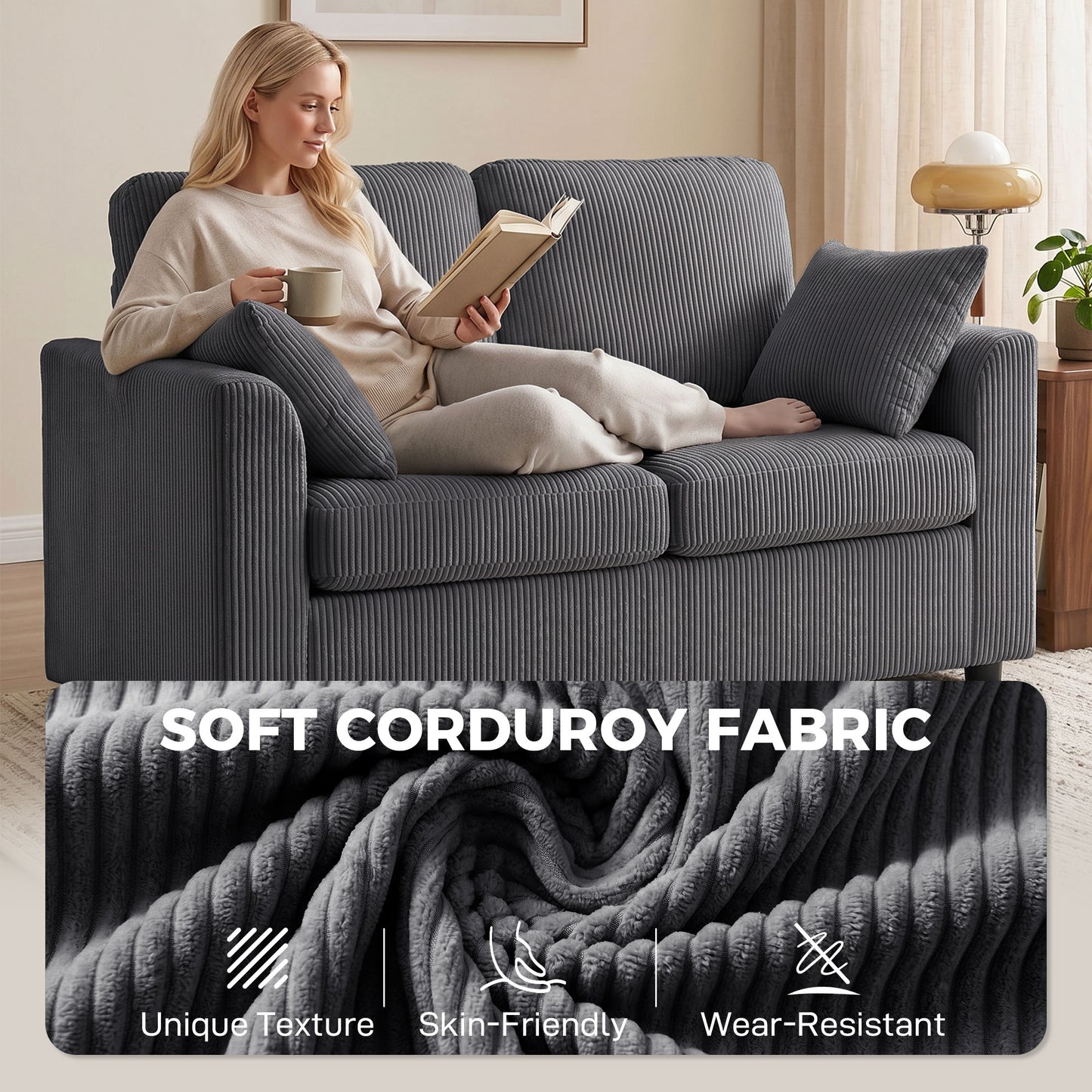 HOMCOM 2 Seater Sofa Corduroy Small Couch With Spring Cushion Wide Deep Seat Dark Grey