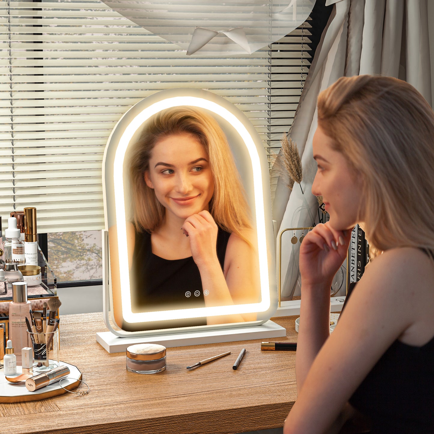 HOMCOM 43 By 59 Cm LED Vanity Mirror White With Adjustable Brightness And 360 Degree Rotating Base Three Color LED