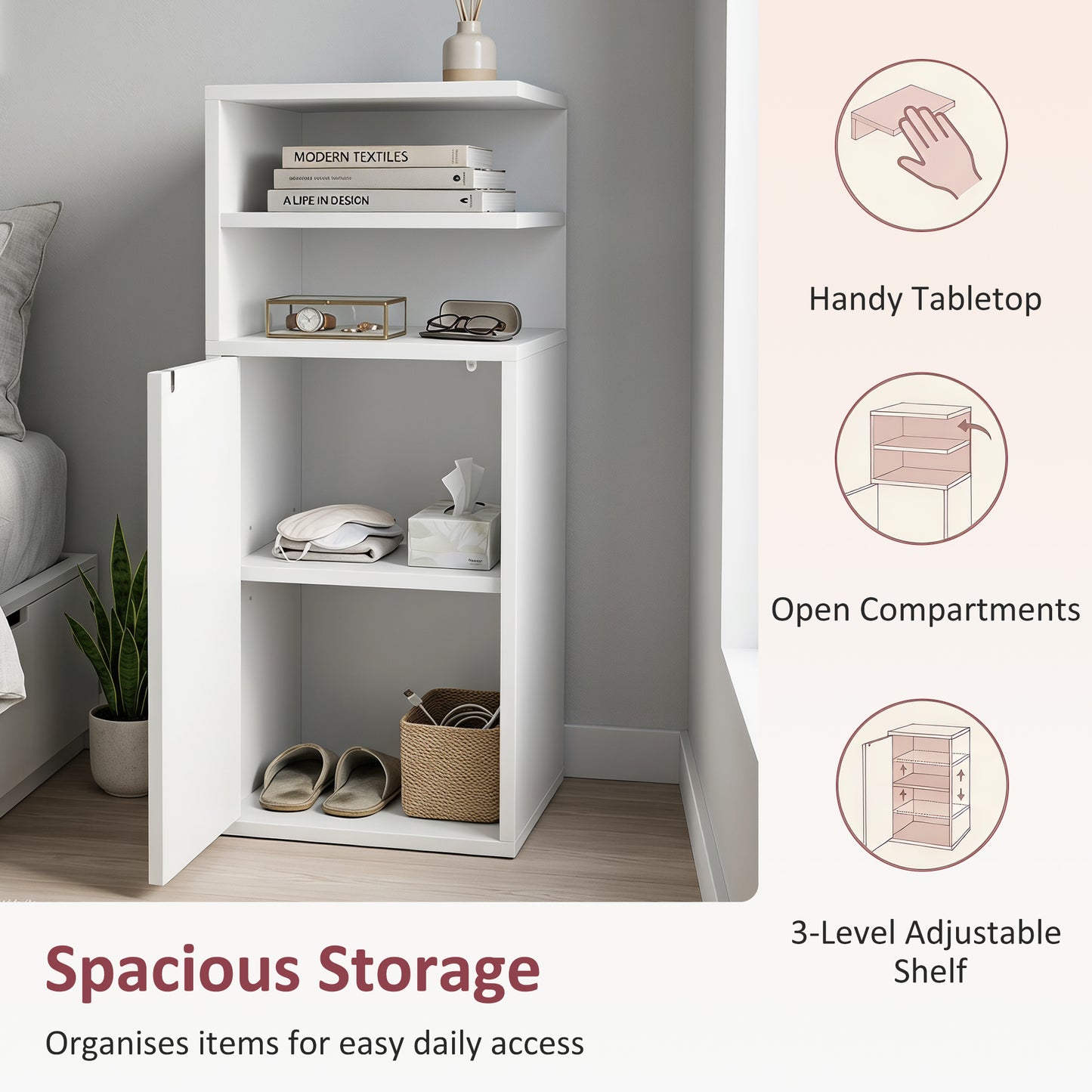 HOMCOM Slim Bedside Table Set Of 2 Narrow Nightstands With Open Cubbies And Cupboard In White For Bedroom
