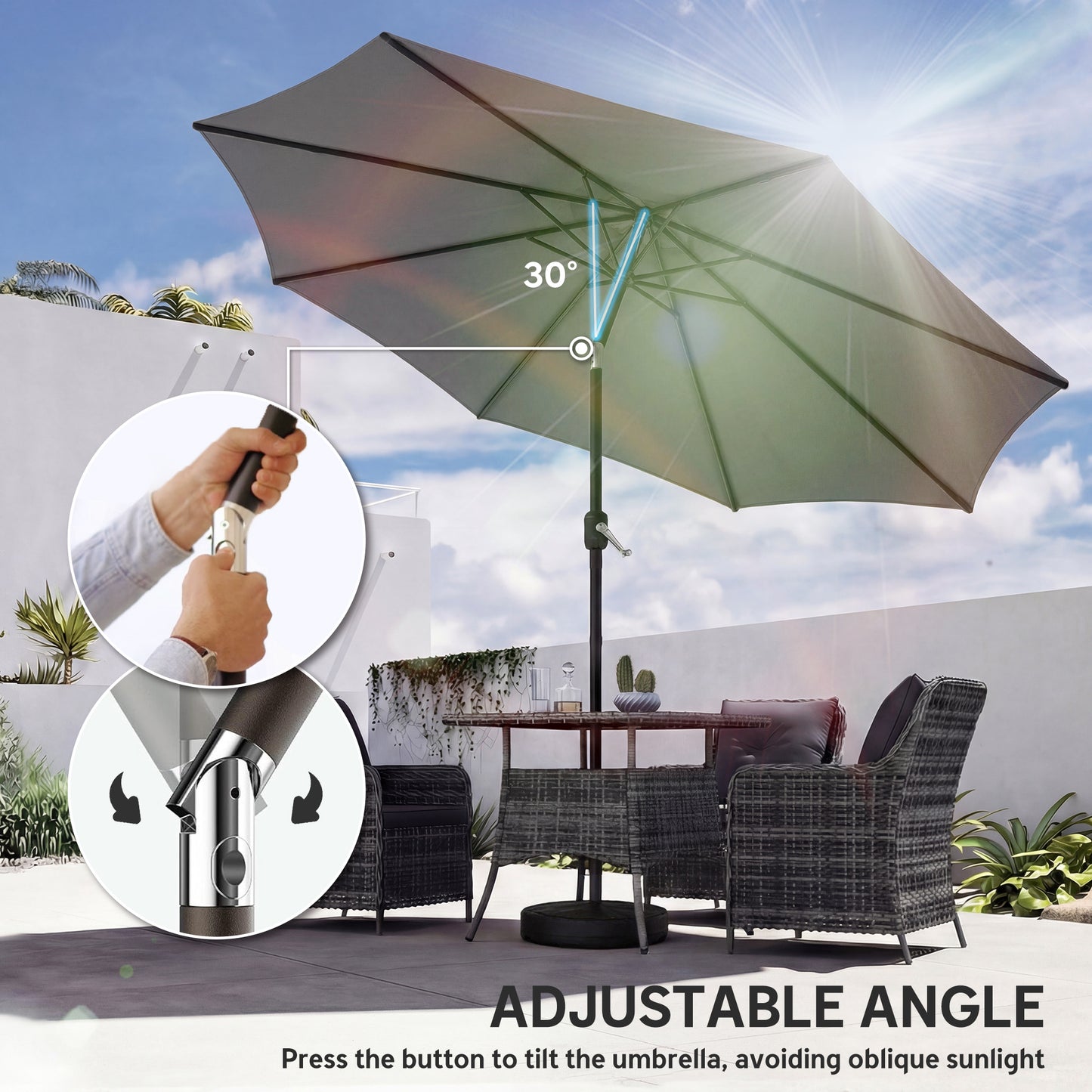 Outsunny 2.7 m Parasol Umbrella With Cross Base And Sandbag Retractable Ribs Outdoor Table Market Umbrella Light Grey