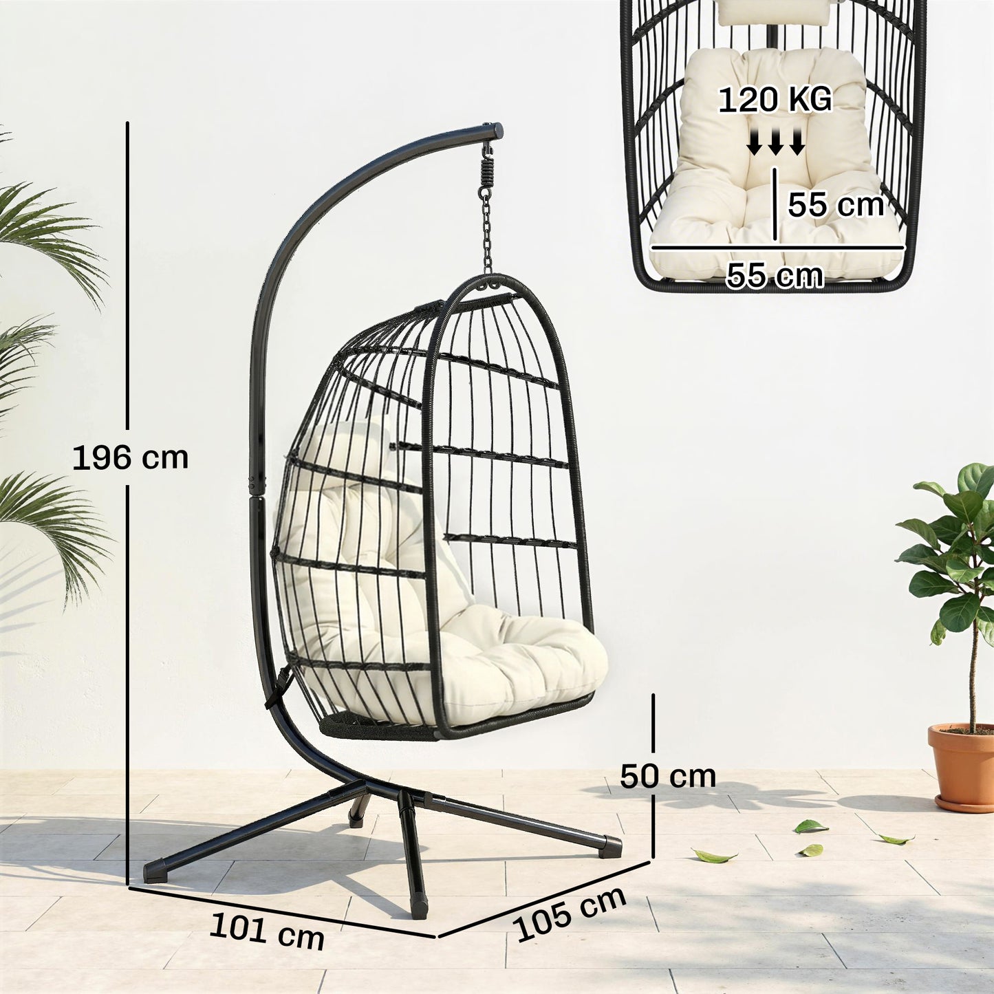 Outsunny Hanging Egg Chair With Stand For Indoor Outdoor Use Height Adjustable Cushioned Back Black Cream White