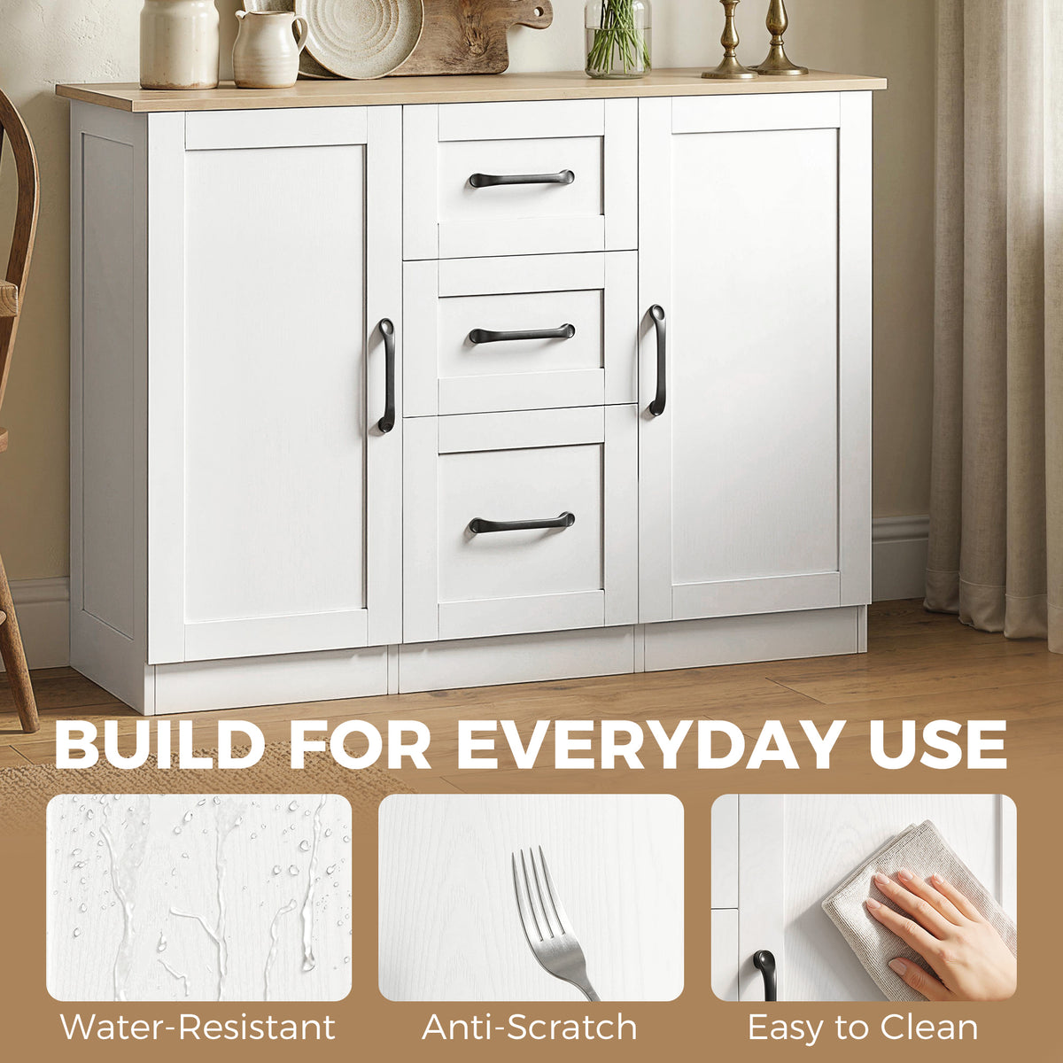White sideboard cabinet with 3 drawers and 2 doors, black pulls on front