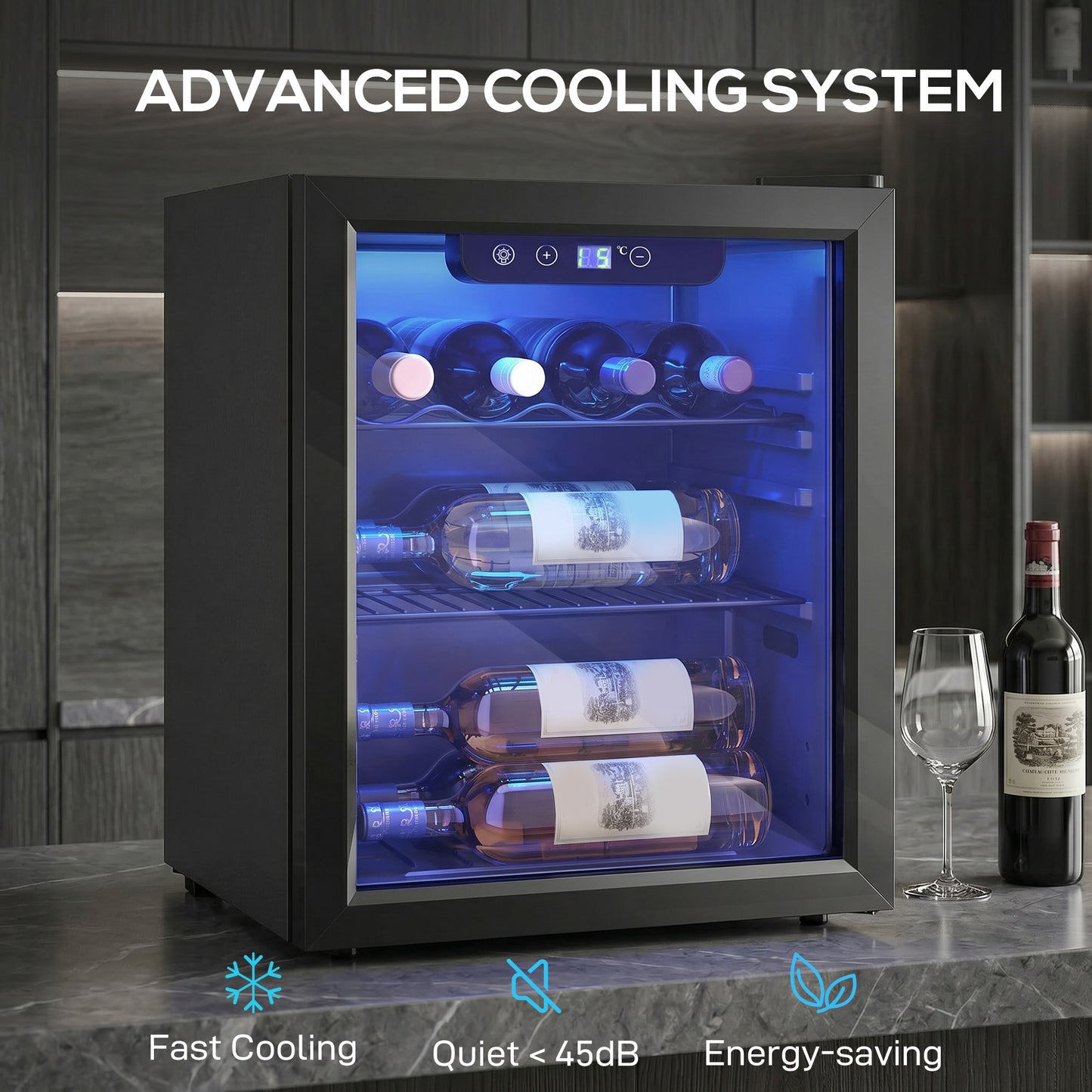 HOMCOM 16 Bottle Wine Cooler 48 Litre Capacity Under Counter Glass Door 4 to 16 Celsius LED Light Black