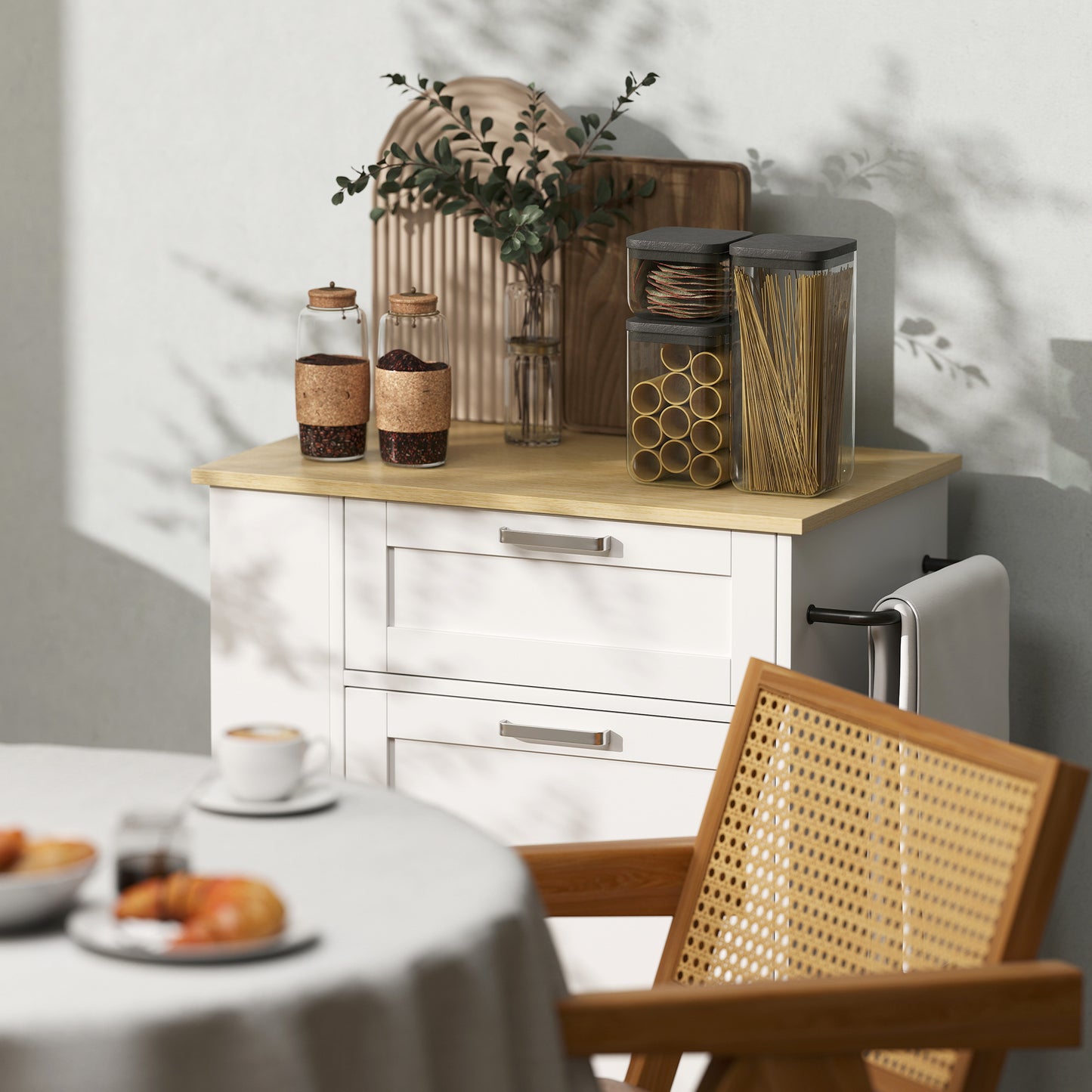 HOMCOM Kitchen Storage Trolley On Wheels Rolling Kitchen Island With 2 Drawers Tilt Out Rubbish Cabinet Storage White