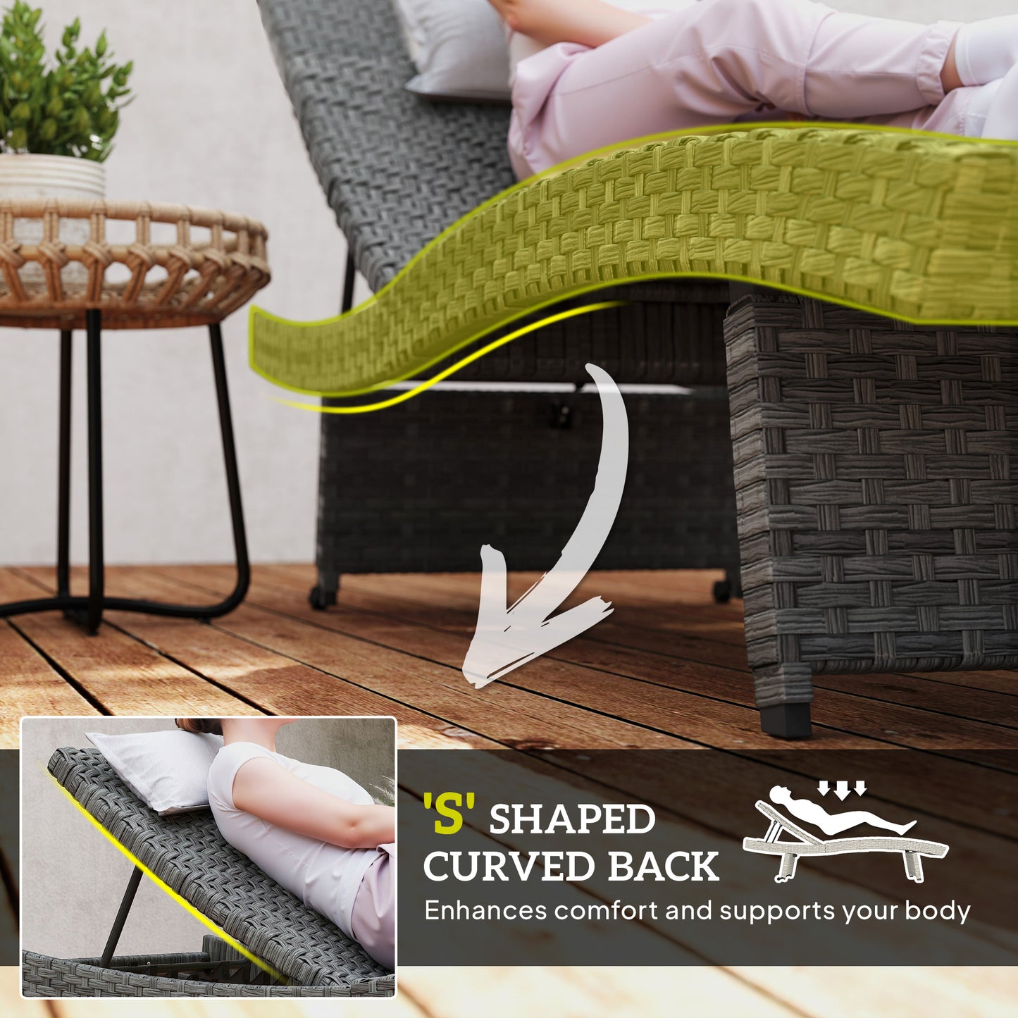 Outsunny Outdoor PE Rattan Sun Lounger Folding Wicker Garden Lounger Recliner With 4 Level Adjustable Backrest Wheels