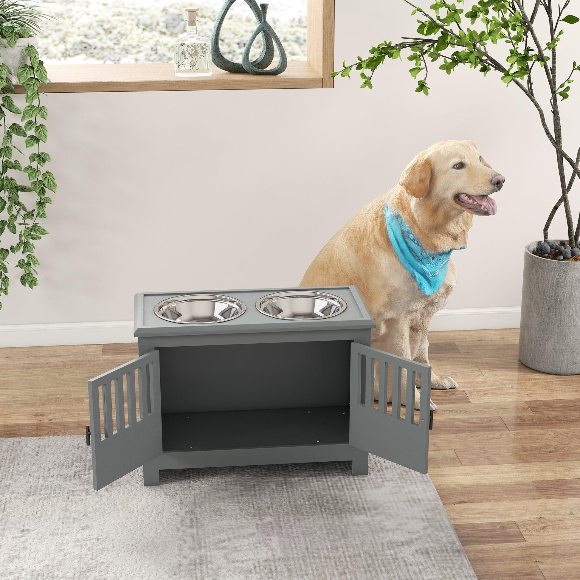 PawHut Raised Dog Bowls for Large Dogs Feeding Station w/ Stand, Storage - Grey - ALL4U RETAILER LTD