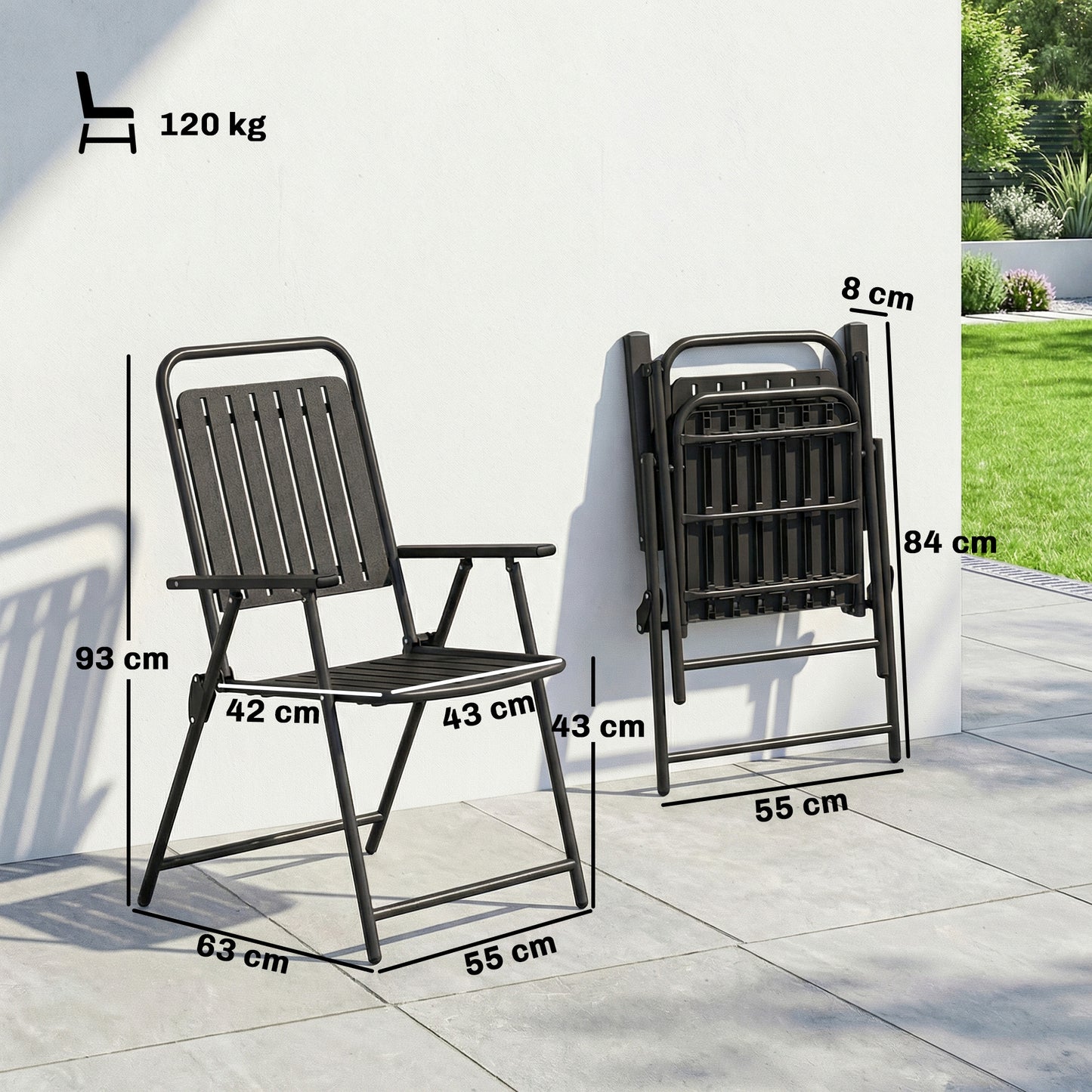 Outsunny Folding Garden Chairs Set Of 4 With Steel Frame Black Plastic Slatted Seats And Armrests For Outdoor Dining