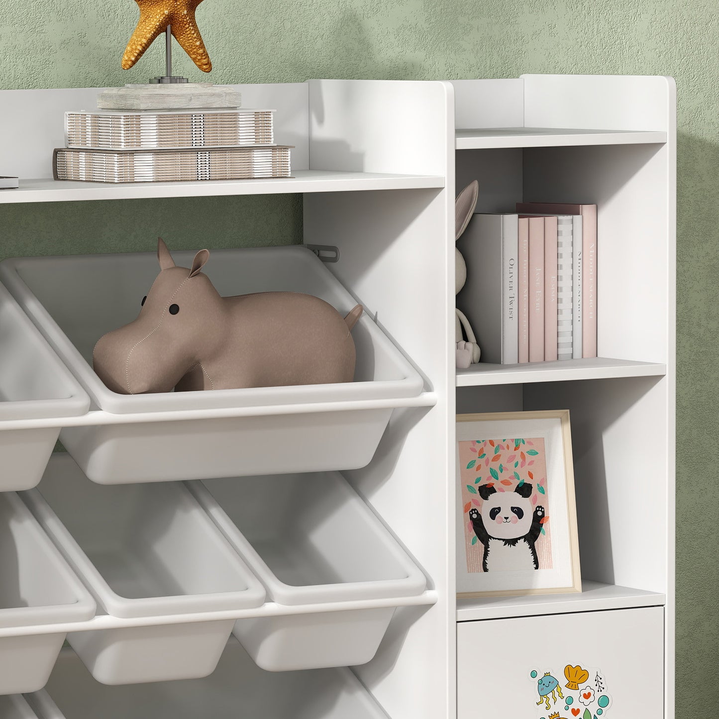 AIYAPLAY 3 In 1 Kids Toy Organizer And Storage With Eight Removable Bins And Bookshelf White