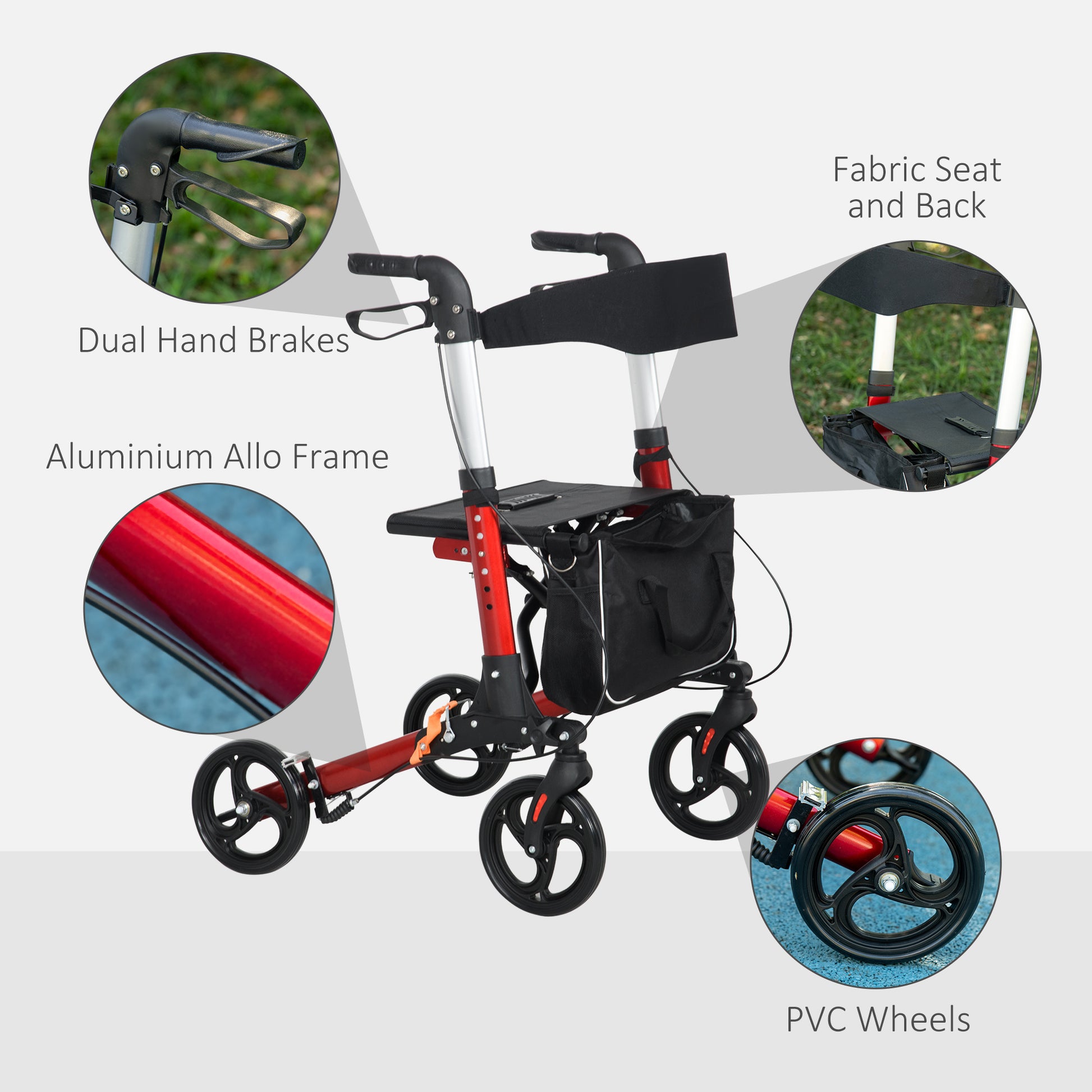 HOMCOM Lightweight 4-Wheel Rollator Walker with Seat & Backrest, Adjustable Height, Red - ALL4U RETAILER LTD