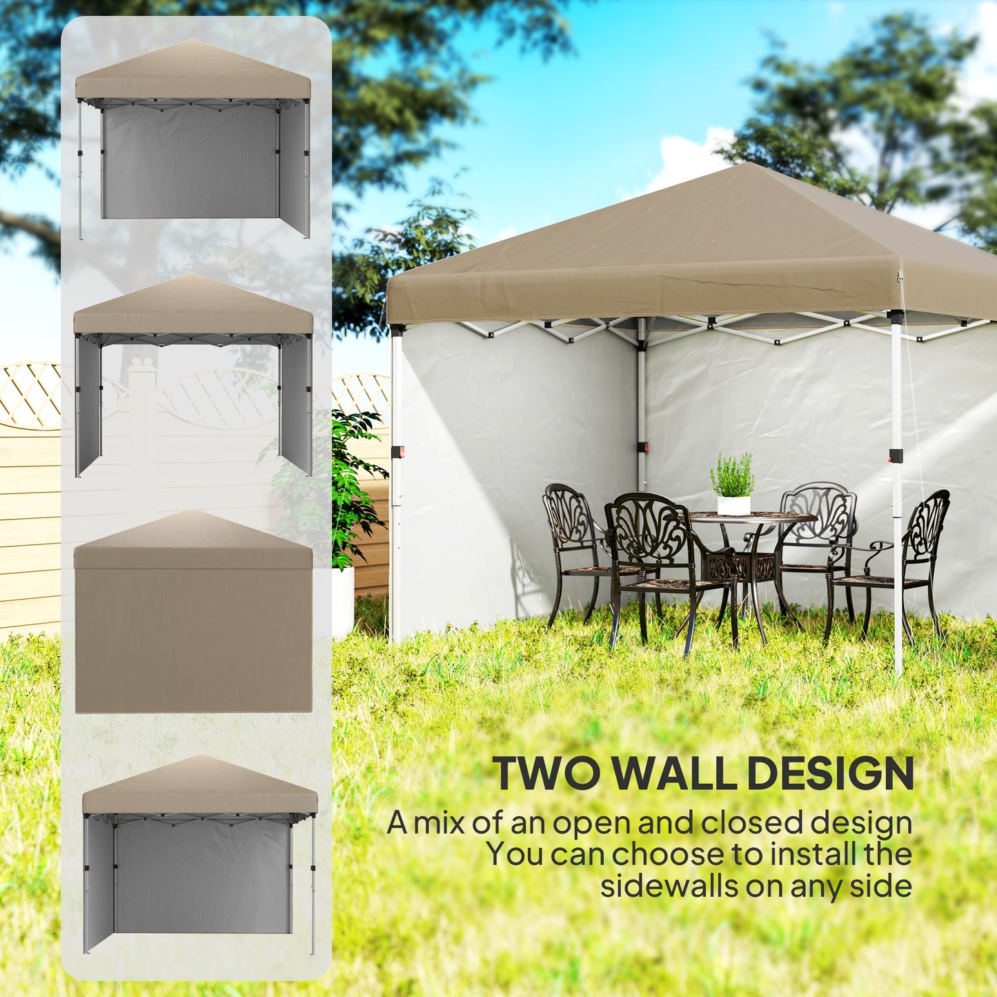 Outsunny 3x3 Pop Up Gazebo M Height Adjustable UPF 30+ With 2 Sidewalls Leg Weight Bags Wheeled Bag Khaki
