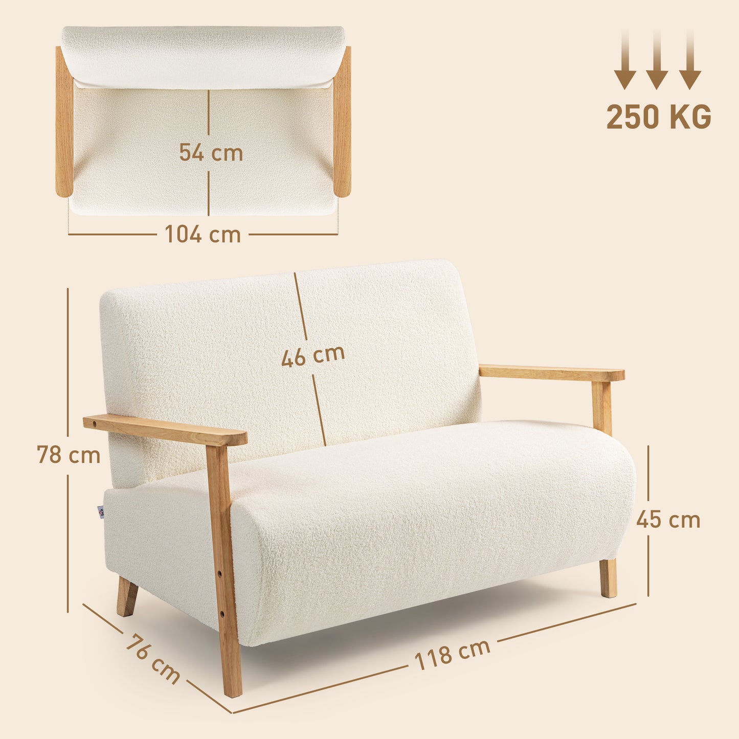 HOMCOM Small Sherpa Fabric 2 Seater Sofa Settee Cream White Nordic Style Loveseat With Rubber Wood Frame