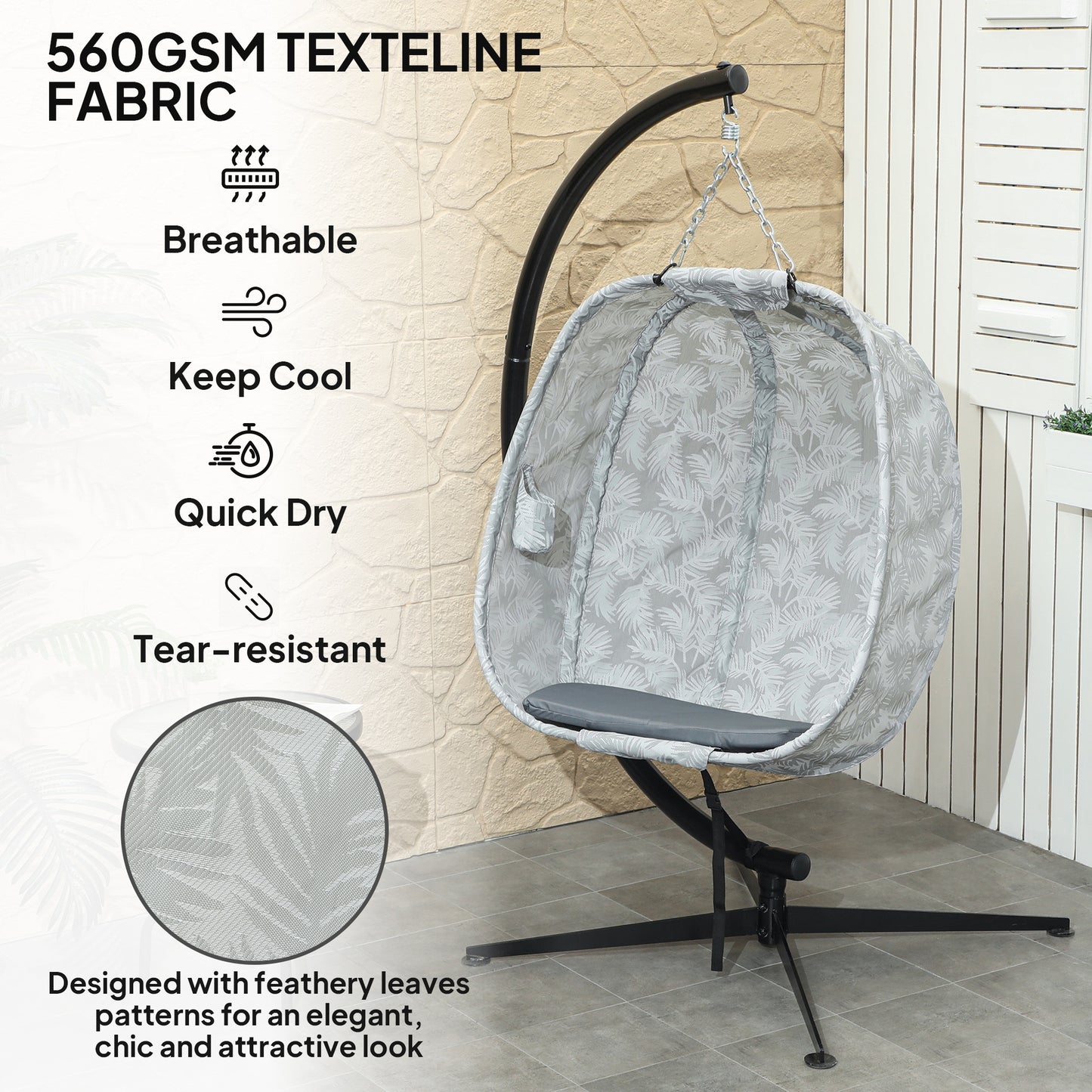 Outsunny Hanging Egg Chair With Stand Folding Basket Thickened Cushion Cup Holder For Patio Balcony Grey
