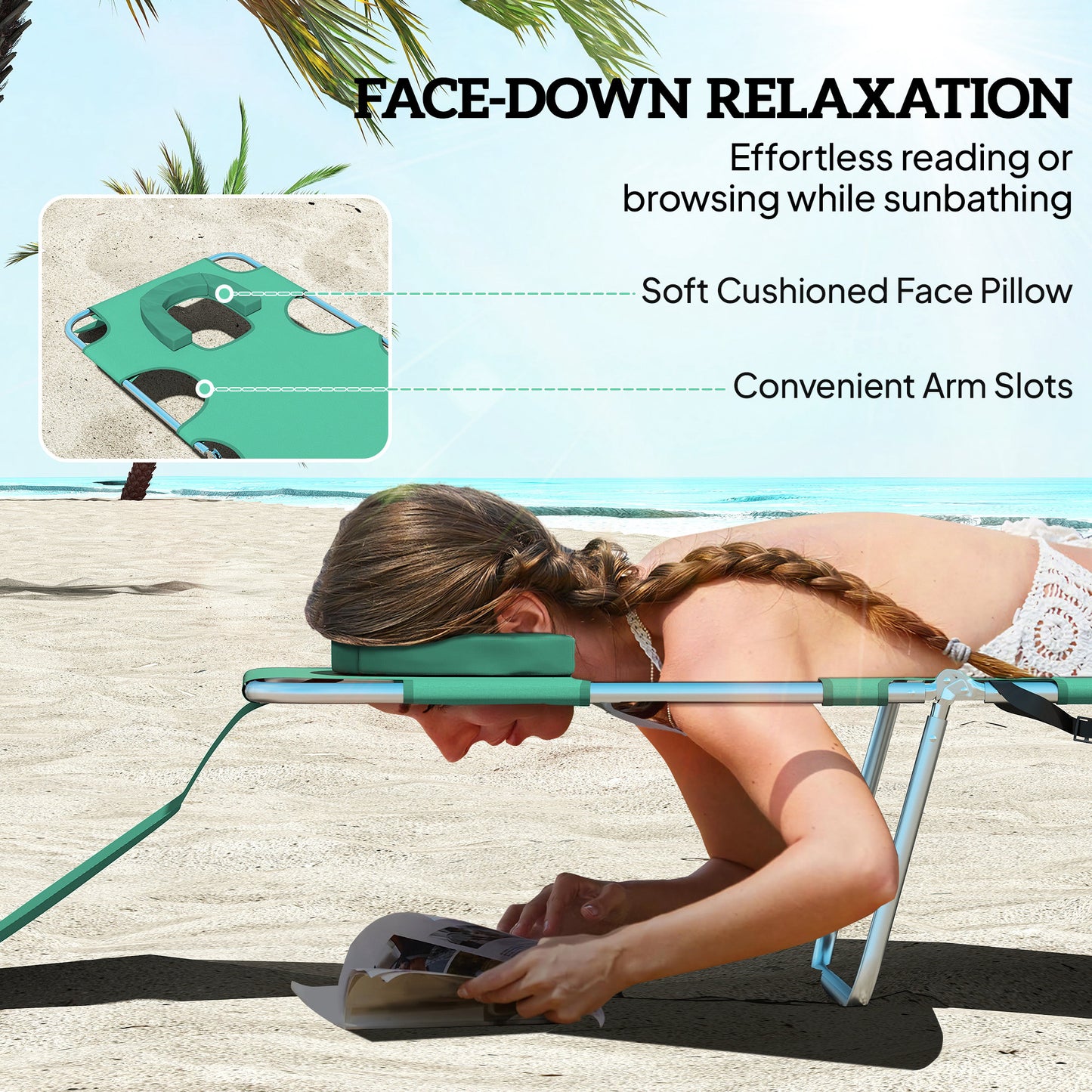 Outsunny 5 Position Adjustable Sun Loungers Set Of 2 With Reading Hole And Side Pocket Green